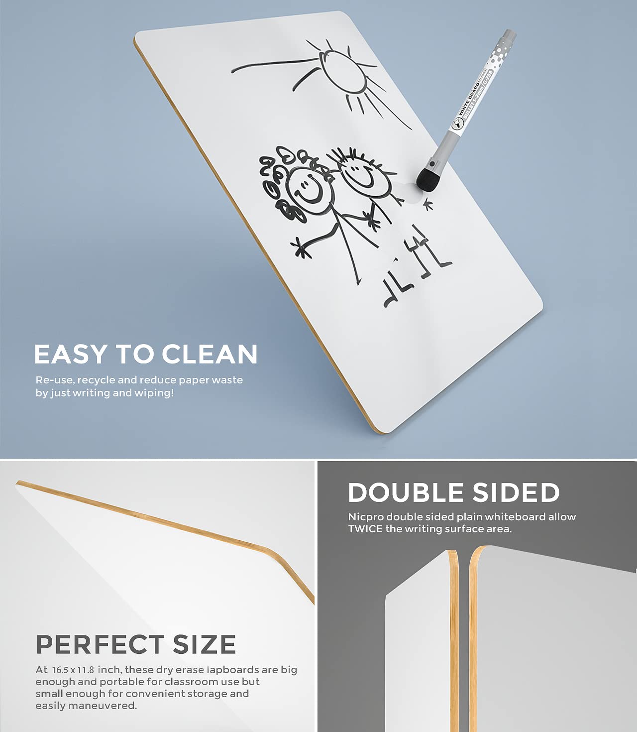 Nicpro 12 x 16 inches Dry Erase Whiteboard, Double Sided Portable Lapboard with 3 Water-Based Pens