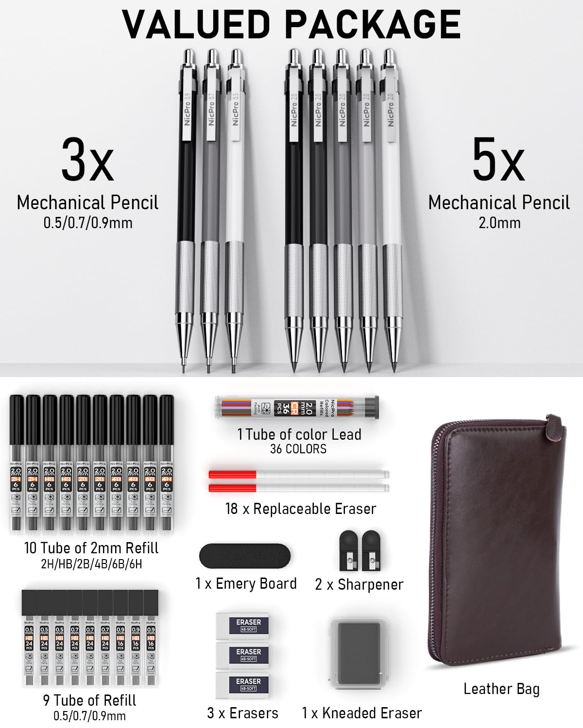 Nicpro 38PCS Art Mechanical Pencils Set in Leather Case, 3 PCS Metal Drafting Pencil 0.5, 0.7, 0.9 mm & 5 PCS 2mm Lead Holder (6B 4B 2B HB 2H 4H Colors) For Sketching Drawing With 20 Tube Lead Refills