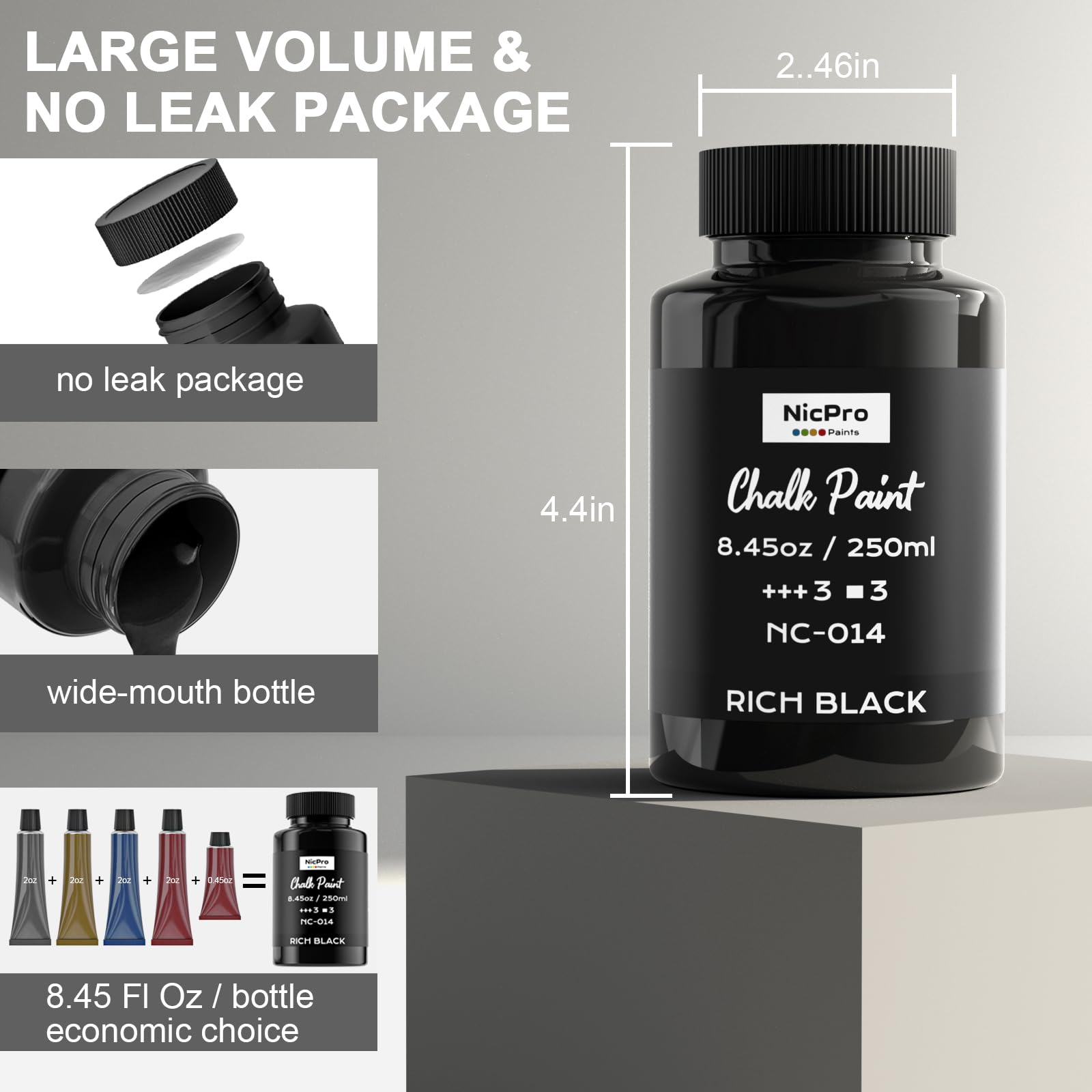 Nicpro Black Chalk Paint for Furniture, Ultra Matte Finish Acrylic Craft Paint (8.45 oz, 250ml) Chalk Furniture Paint Black with Color Wheel for Crafts, Home Decor, Beginners and Artist