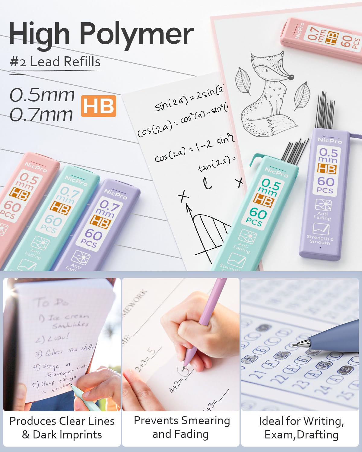 Nicpro 6PCS Pastel Mechanical Pencil Set, 0.5 & 0.7 & 0.9 mm with 6 Tubes HB Lead Refill, 3PCS Eraser and 9PCS Eraser Refill for Student Writing Drafting, Drawing, Sketching-with Cute Case