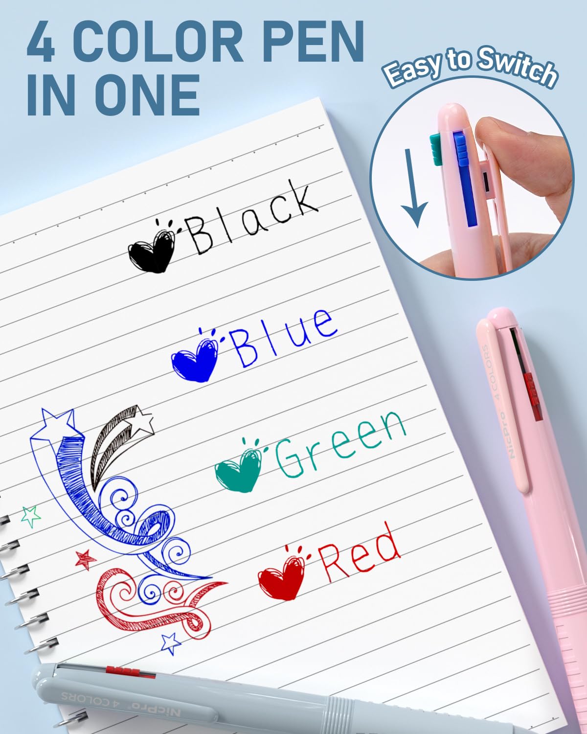 Nicpro 6 Pack Multicolor Pen in One, 4-IN-1 Multi Colored Pen, Fine Point Ballpoint Pen 0.5mm Cute Multi Ink Pens, 4 Color Pen in One for School, Student, Nurse Note Taking, Writing, Office Supplies