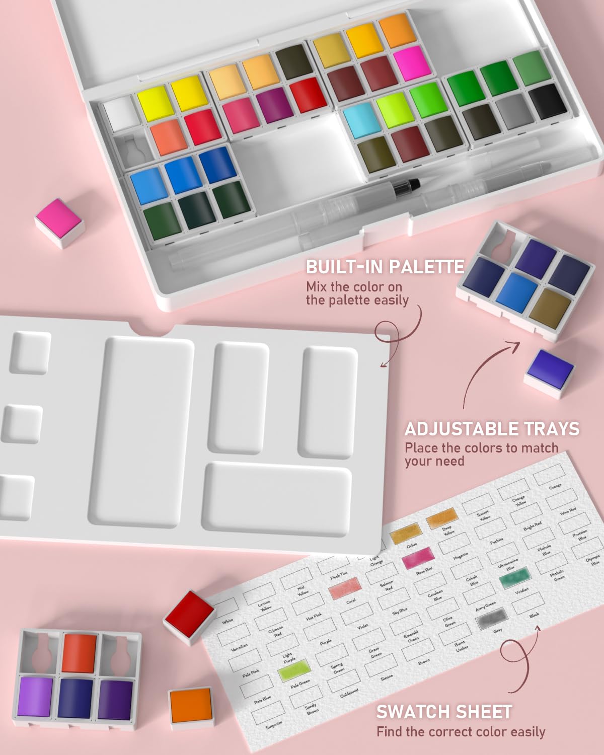 Nicpro 48 Colors Watercolor Paint Set with 8PCS Squirrel Painting Brushes, 25 Sheet Water Color Paper, 2 Water Brush Pens, Palette, Sponge, Art Supplies Kit for Artist Adult Kid Beginner with Gift Box