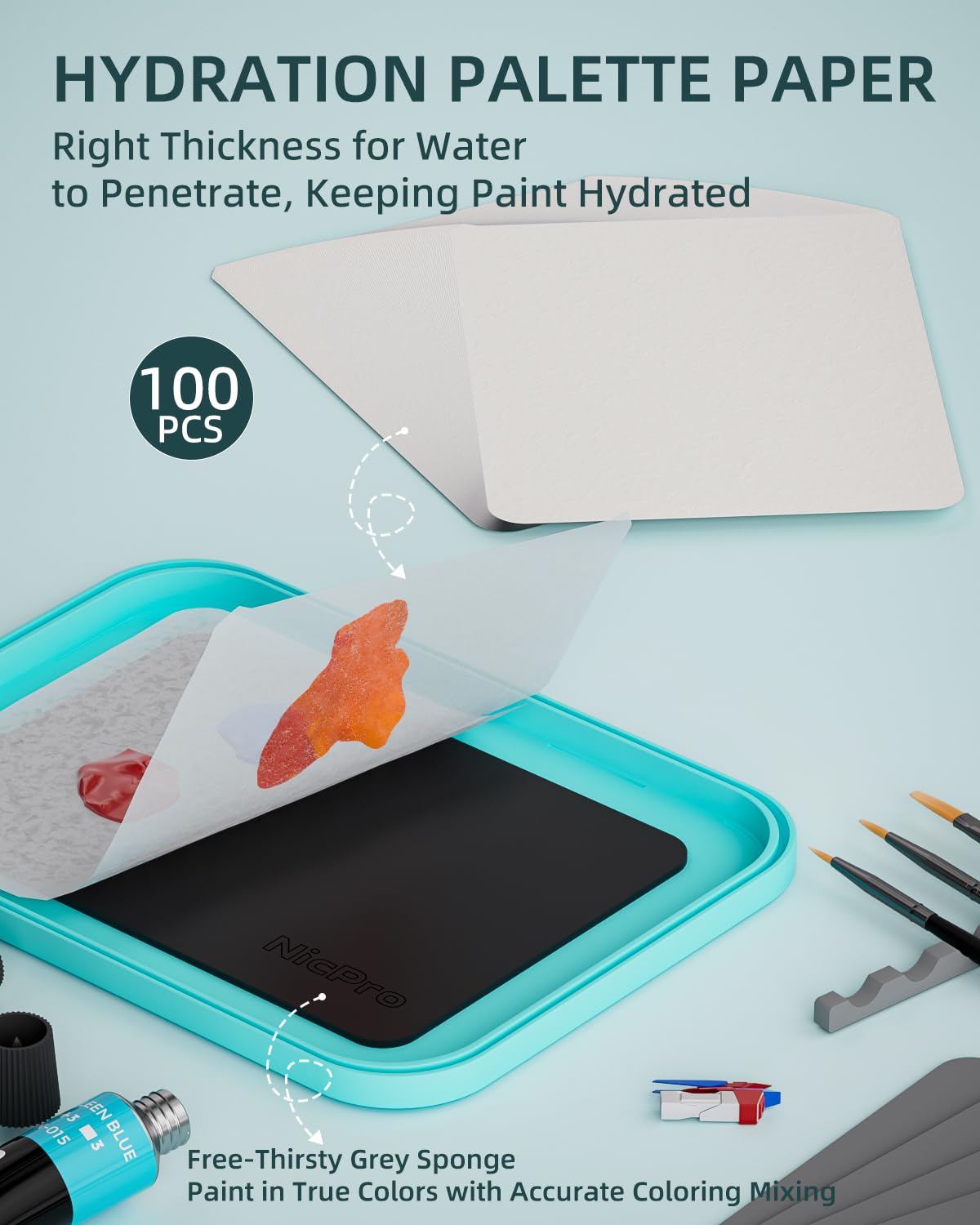 Nicpro Stay Wet Palette for Acrylic Miniature Painting Kit, Paint Tray Palettes with 100Pcs Pallet Paper, 4Pcs Sponge, Brush Holder Paint Mixing Storage