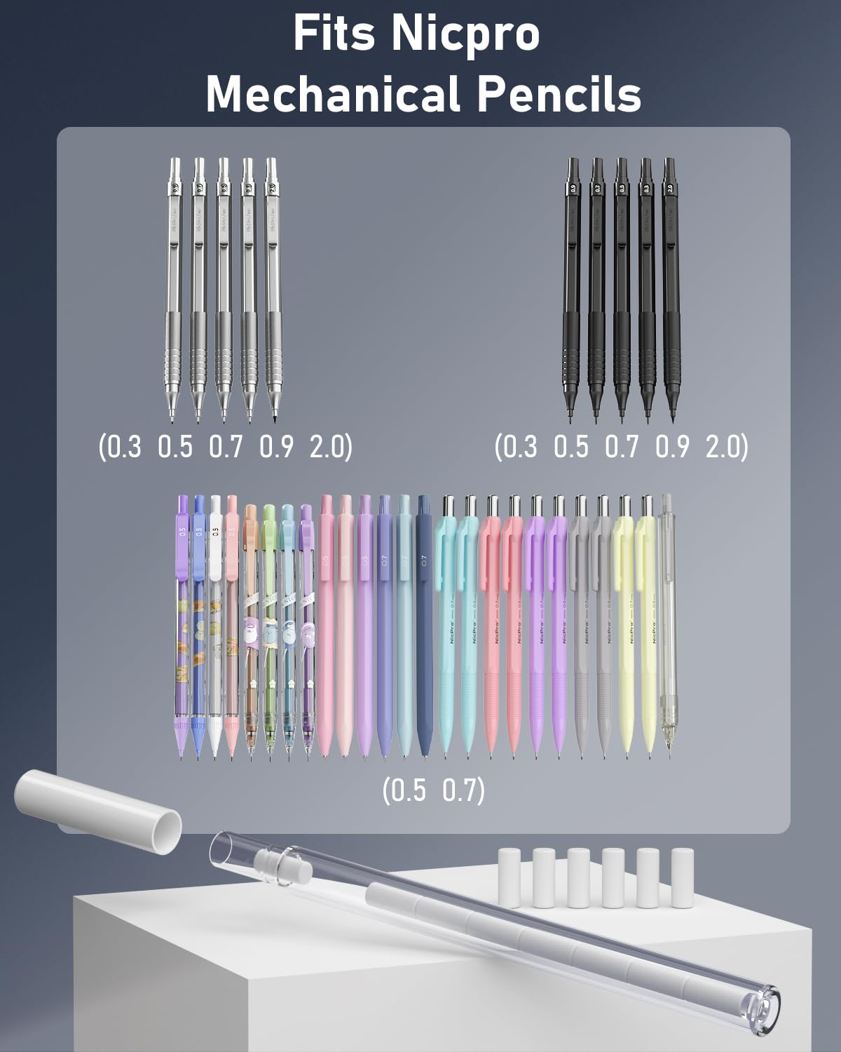 Nicpro 54PCS Refill Erasers for Mechanical Pencil, 6 Tubes Top Erasers, Widely Available for Nicpro Mechanical Pencil, Easy to Clean Without Scratching Paper (0.17" × 0.4")