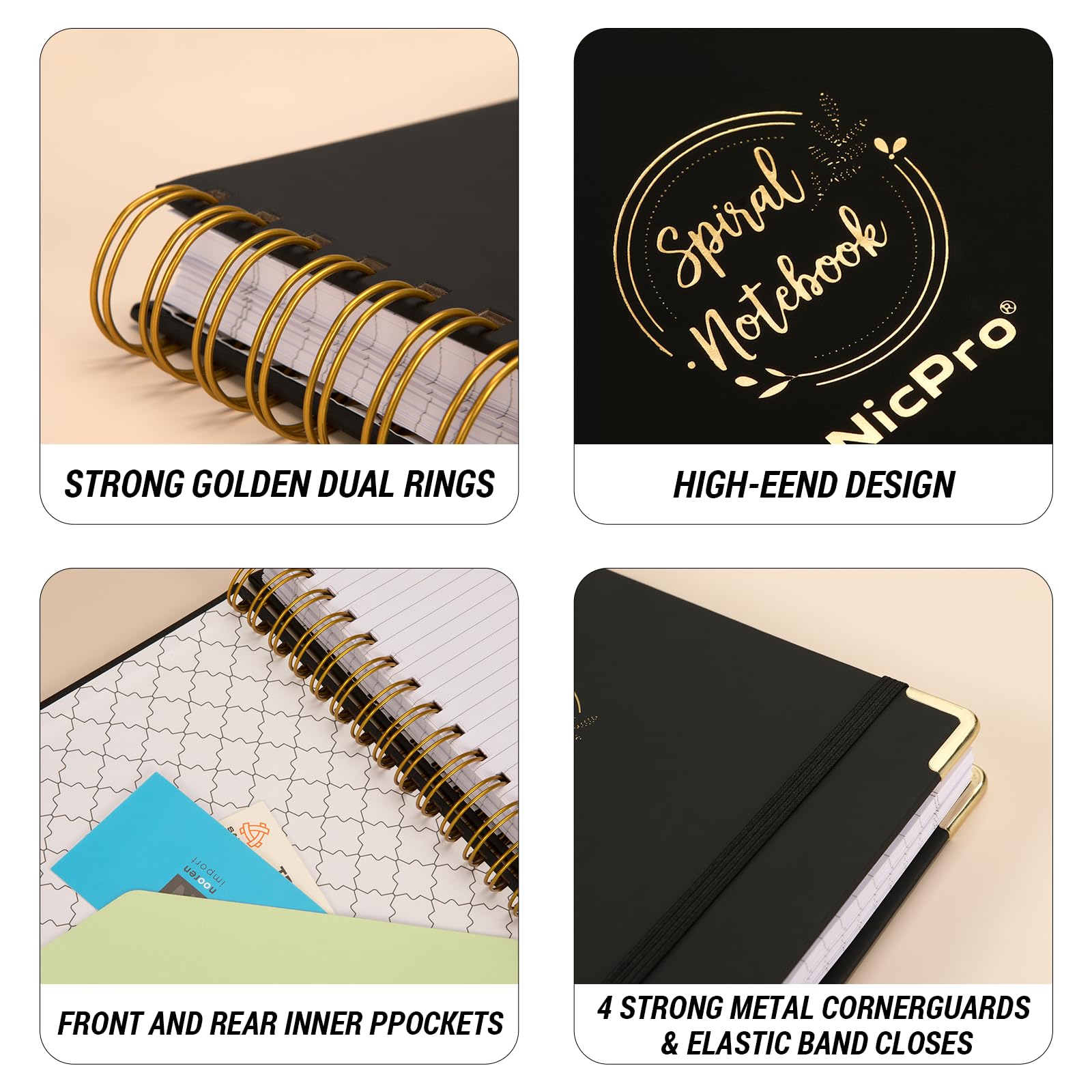 Nicpro Spiral Notebook 300 Page,8.5"x 11", Black Leather Hardcover Note Book Journal A4 Book College Ruled with 60pcs Index Tabs for Work School Notes, Journals Writing,100gsm Thick Paper