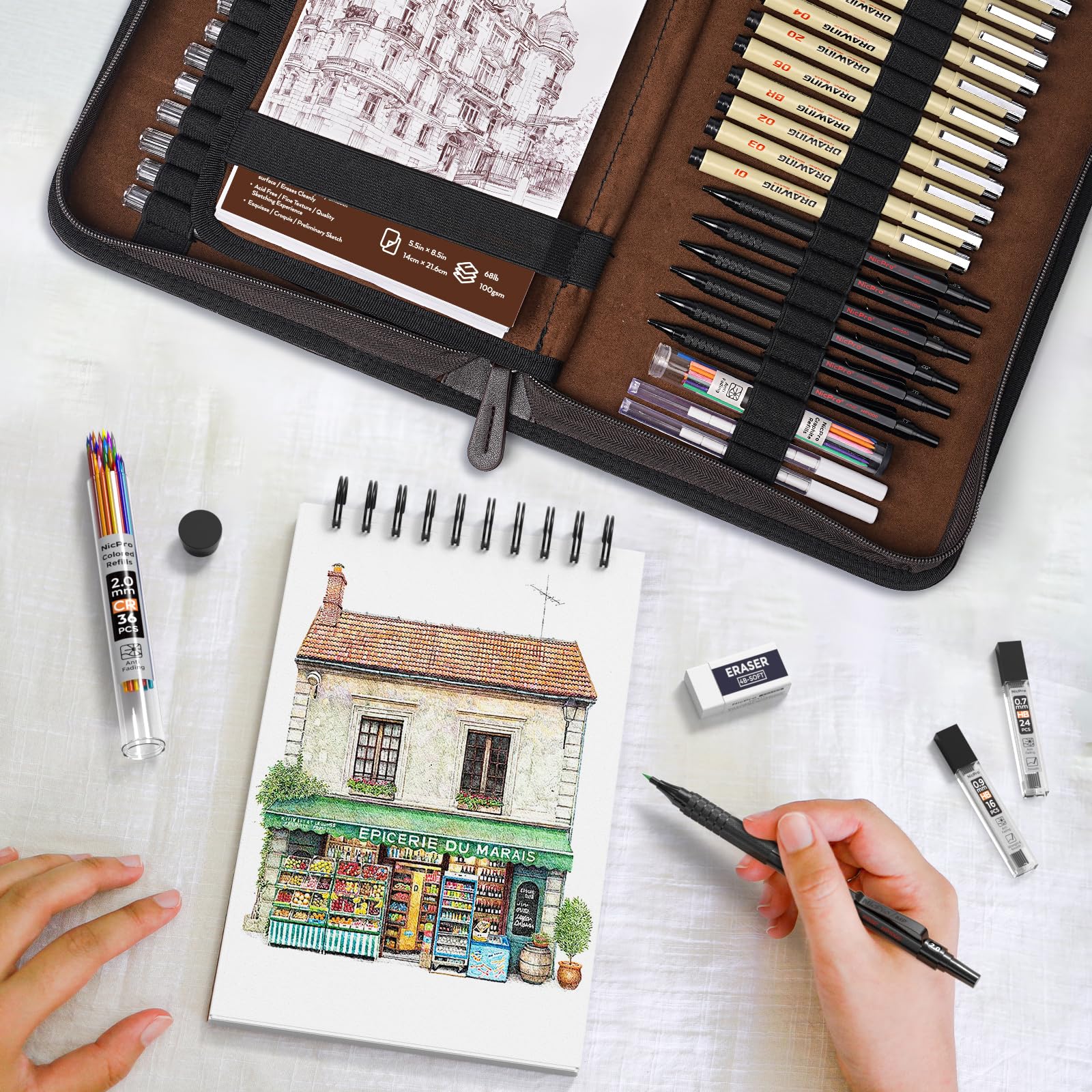 Nicpro 58PCS Art Drawing Supplies Kit in Leather Case, MP1000 Black Metal Mechanical Pencil Set with Drafting Pencil 0.5, 0.7, 0.9 & 2mm, 12 Micron Pen, Sketch Book, 30 Tube Lead Refills for Sketching