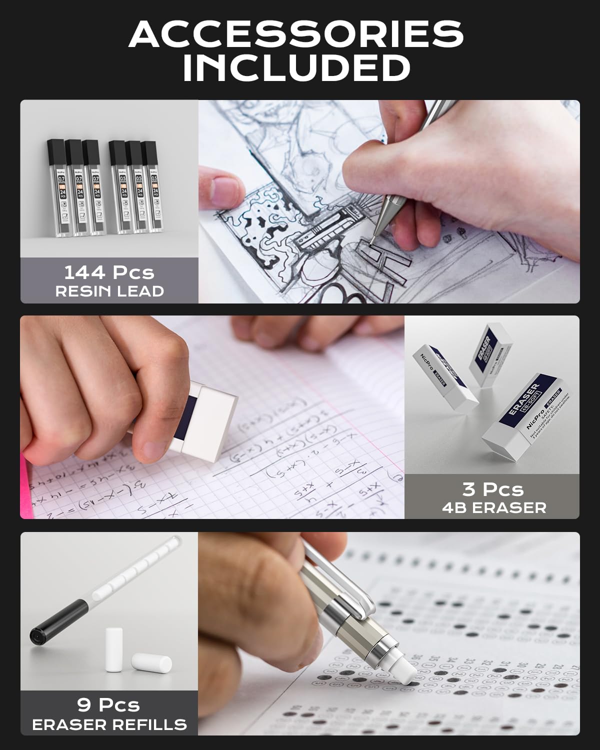 Nicpro 8 Pack 0.5mm & 0.7mm Metal Mechanical Pencil Set, MB1000 Lead Drafting Pencil for Artist Writing, Sketching, Drawing with 6 Tubes HB Lead Refills, 3PCS 4B Eraser, 9PCS Cap Eraser - With Case