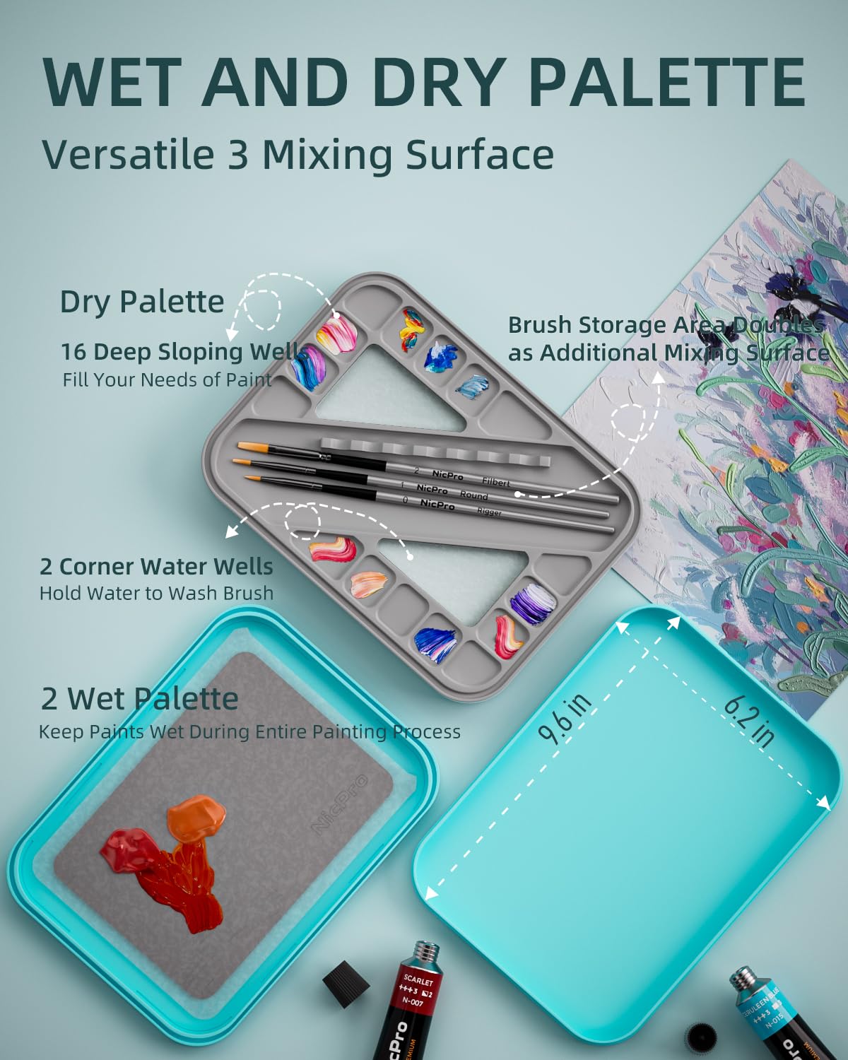 Nicpro Stay Wet Palette for Acrylic Miniature Painting Kit, Paint Tray Palettes with 100Pcs Pallet Paper, 4Pcs Sponge, Brush Holder Paint Mixing Storage