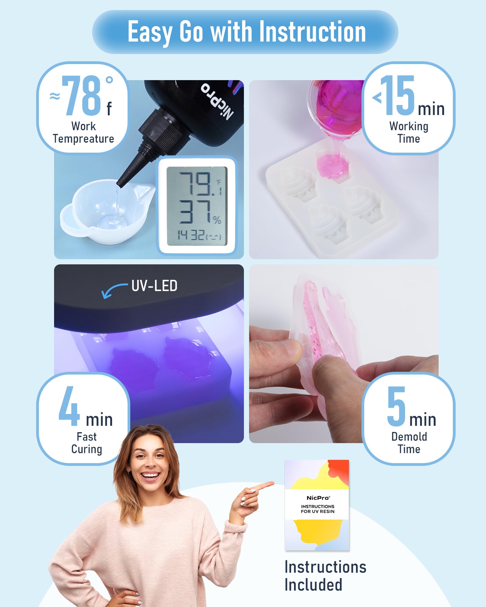 Nicpro UV Resin 200g, 2 PCS Upgraded Ultraviolet Epoxy Resin Crystal Clear Hard Glue Low Odor Solar Cure Sunlight, UV Light Cure Activated Resin for Jewelry Making, DIY Crafts, Coating & Casting