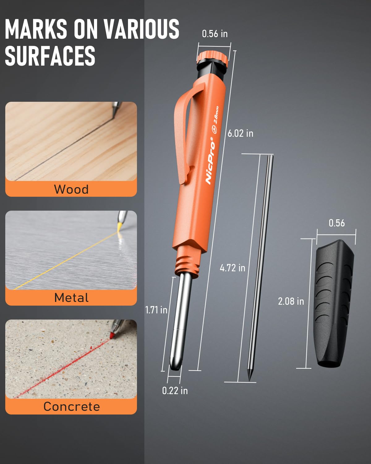 Nicpro Carpenter's Pencil Set, 1 Solid Carpenter's Pencils with 12 Versatile Leads, Mechanical Pencil Marker, Deep Hole Marker Pencil with Built-in Sharpener for Woodworking, Construction Site with