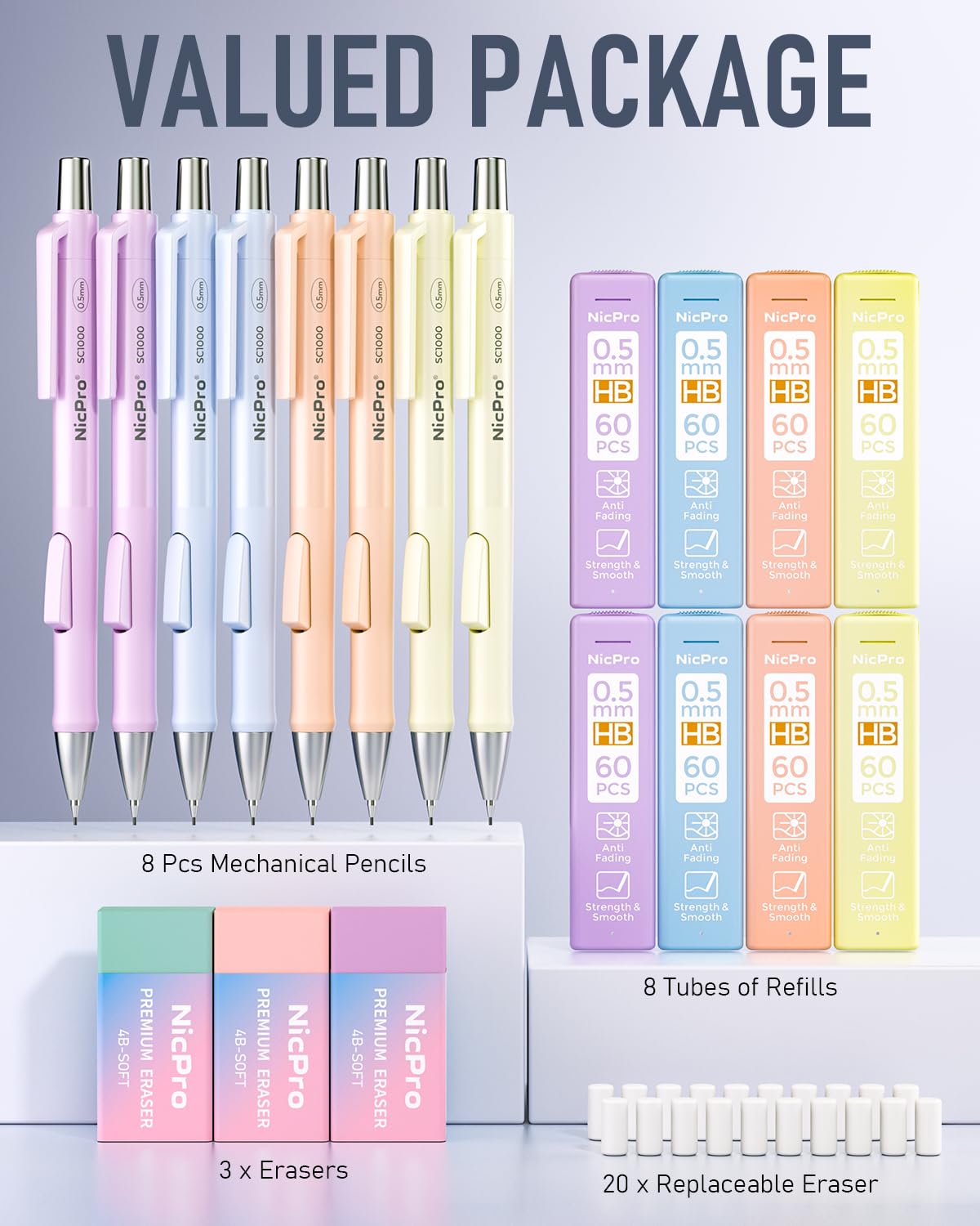 Nicpro 8 Pack 0.5mm Pastel Mechanical Pencil Set, Fast Click Aesthetic Lead Drafting Pencils 0.5 mm with 480PCS HB Lead Refills, 3 Erasers for Artist School Student Writing Drawing Sketching with Case
