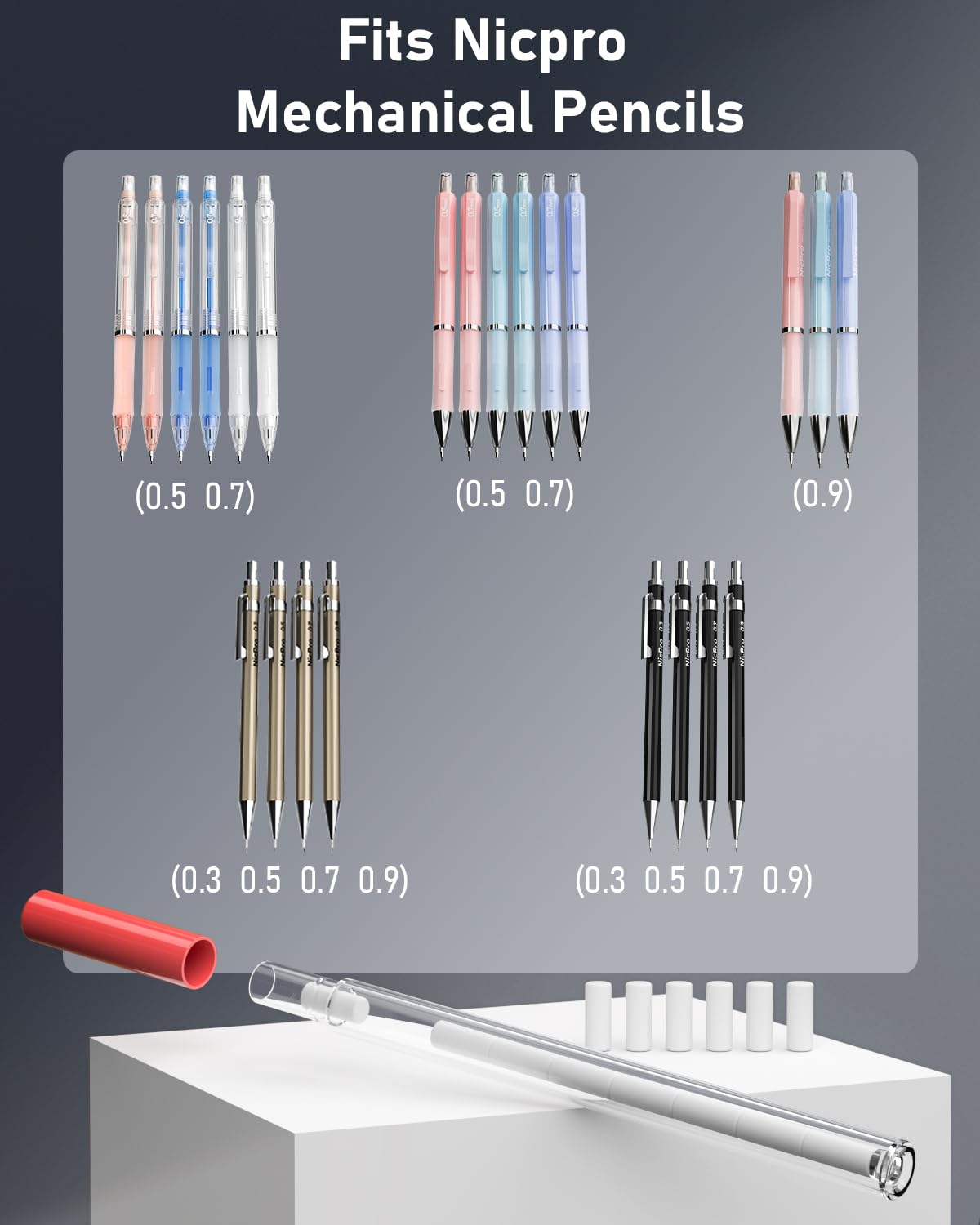 Nicpro 54PCS Refill Erasers for Mechanical Pencil, 6 Tubes Erasers, Widely Available for Nicpro Mechanical Pencil, Top Eraser Easy to Clean (0.15'' × 0.4'')