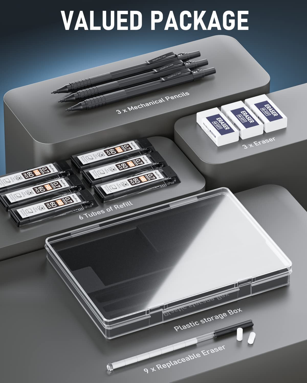 Nicpro 0.7 mm Mechanical Pencils Set with Case, 3 Metal Artist Pencil With 8 Tube HB Lead Refills, 3 Erasers, 9 Eraser Refills For Architect Art Writing Drafting Drawing, Engineering, Sketching, Black