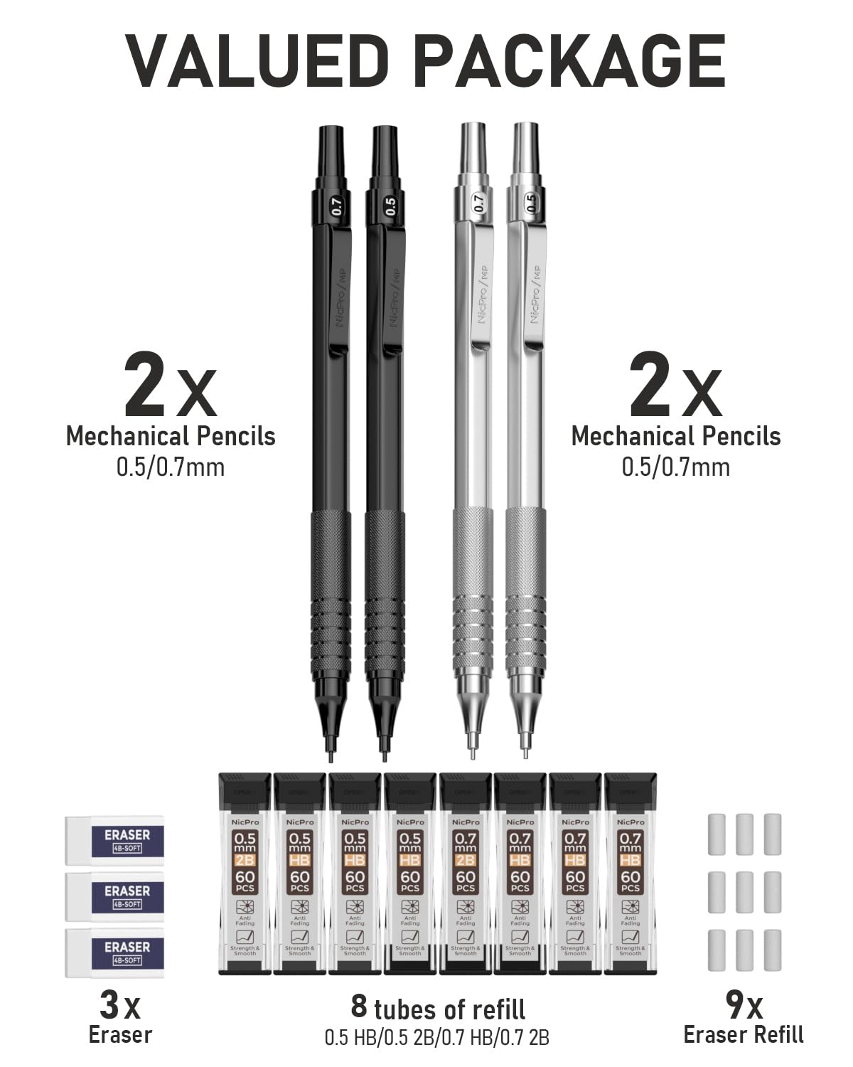 Nicpro 4 Pack Metal Mechanical Pencil Set 0.5 mm & 0.7mm with Case, Artist Pencil MP1000 with 8 Tubes HB & 2B Lead Refill, 3 Eraser, 9 Eraser Refill For Art Writing Drafting Drawing,Black & Silver