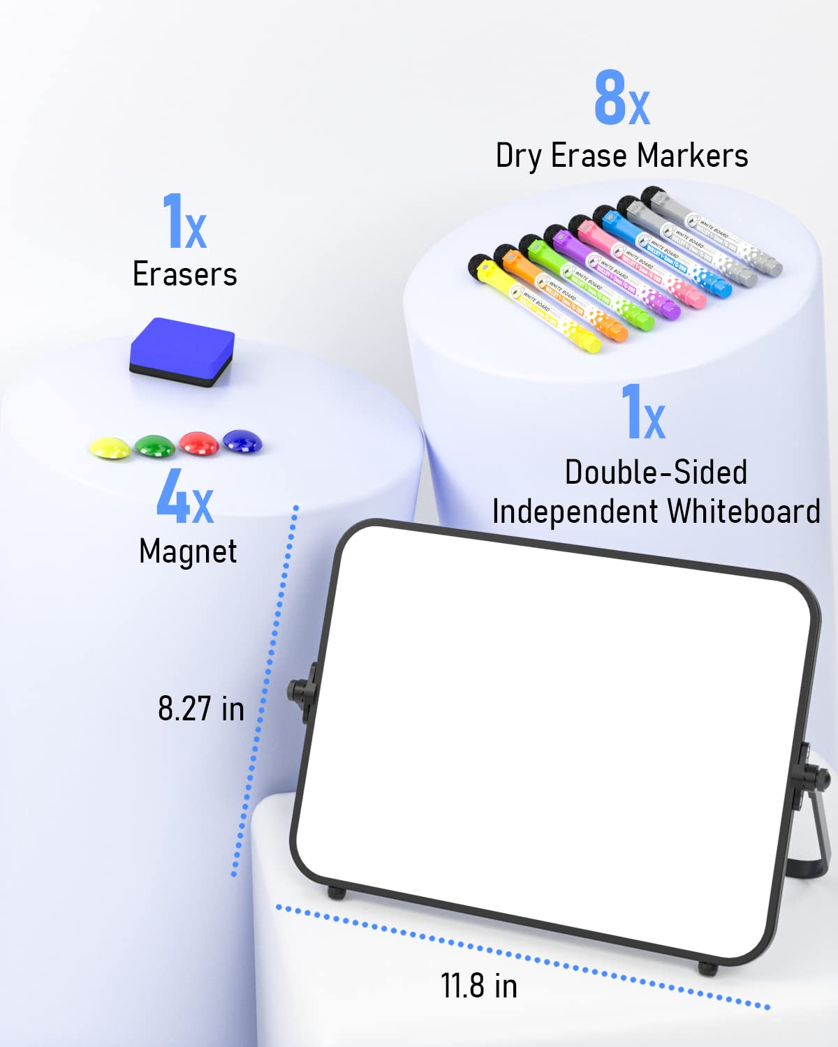 Nicpro Dry Erase Small Whiteboard A4 with Non-Slip Stand, 21 x 30 cm Double Sided Magnetic Desktop White Board 8 Pens, Eraser, Magnet, Portable Writing Easel, Blue, Green, Purple, White
