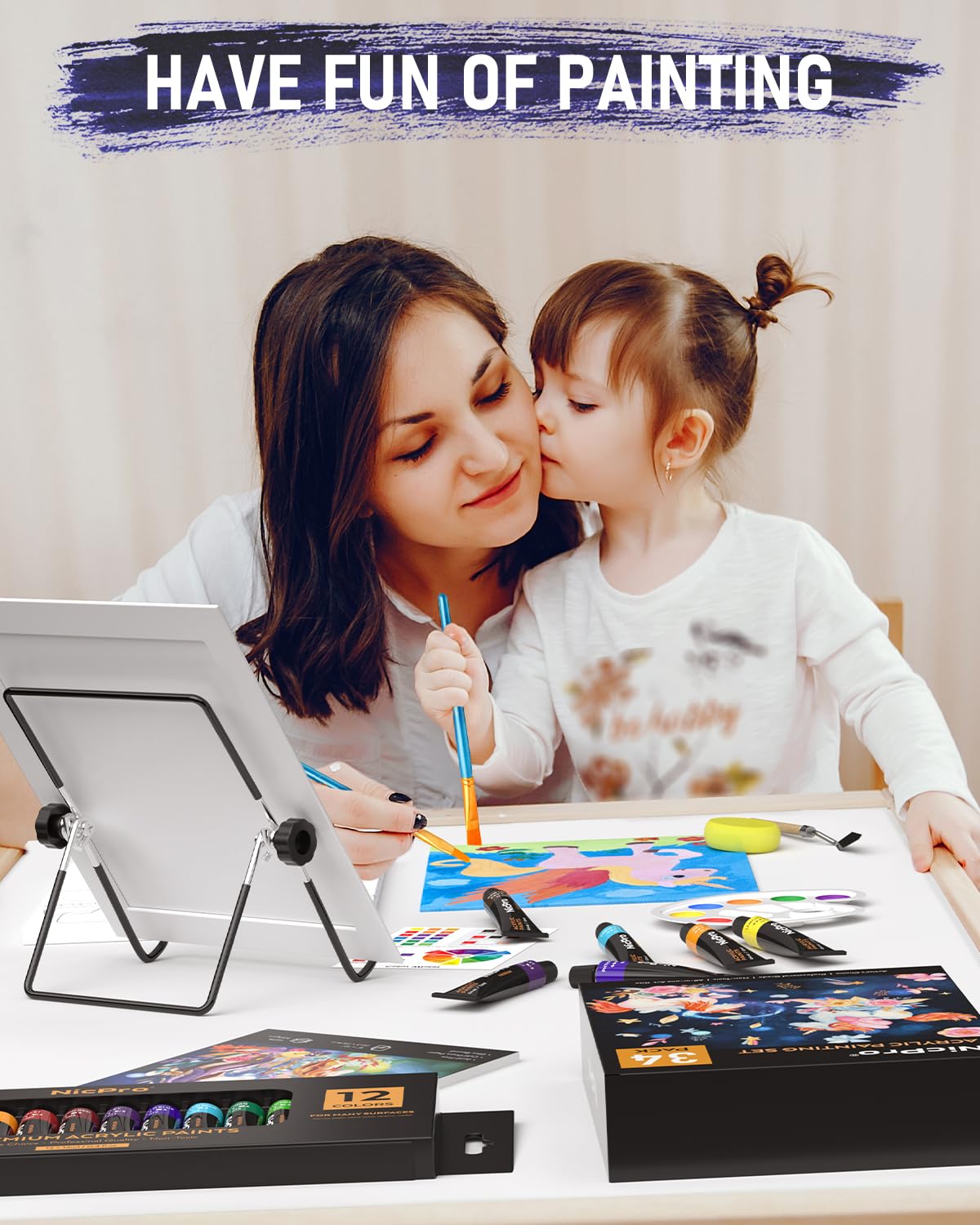 Nicpro 34PCS Kids Acrylic Paint Set with Pattern Canvas, Art Painting Supplies Kit with 12 Paints, 10 Brushes, 6 Canvas Panels, Table Easel, Paper Pad,Color Wheel,Palette for Beginner Student Toddlers