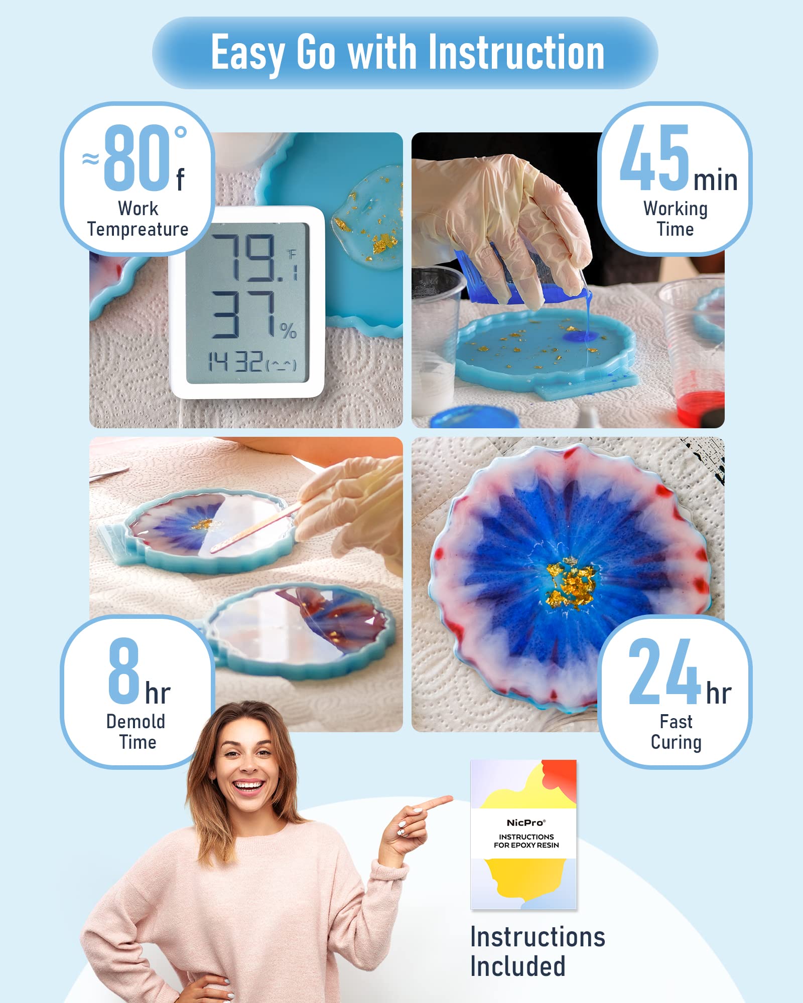 Nicpro 32 Ounce Epoxy Resin Kit Crystal Clear, DIY Starter Art Resin Supplies with 4 Measuring Cups, 2 Silicone, Sticks,Gloves,Spreader for Craft Casting & Coasting, Molds, Jewelry Making