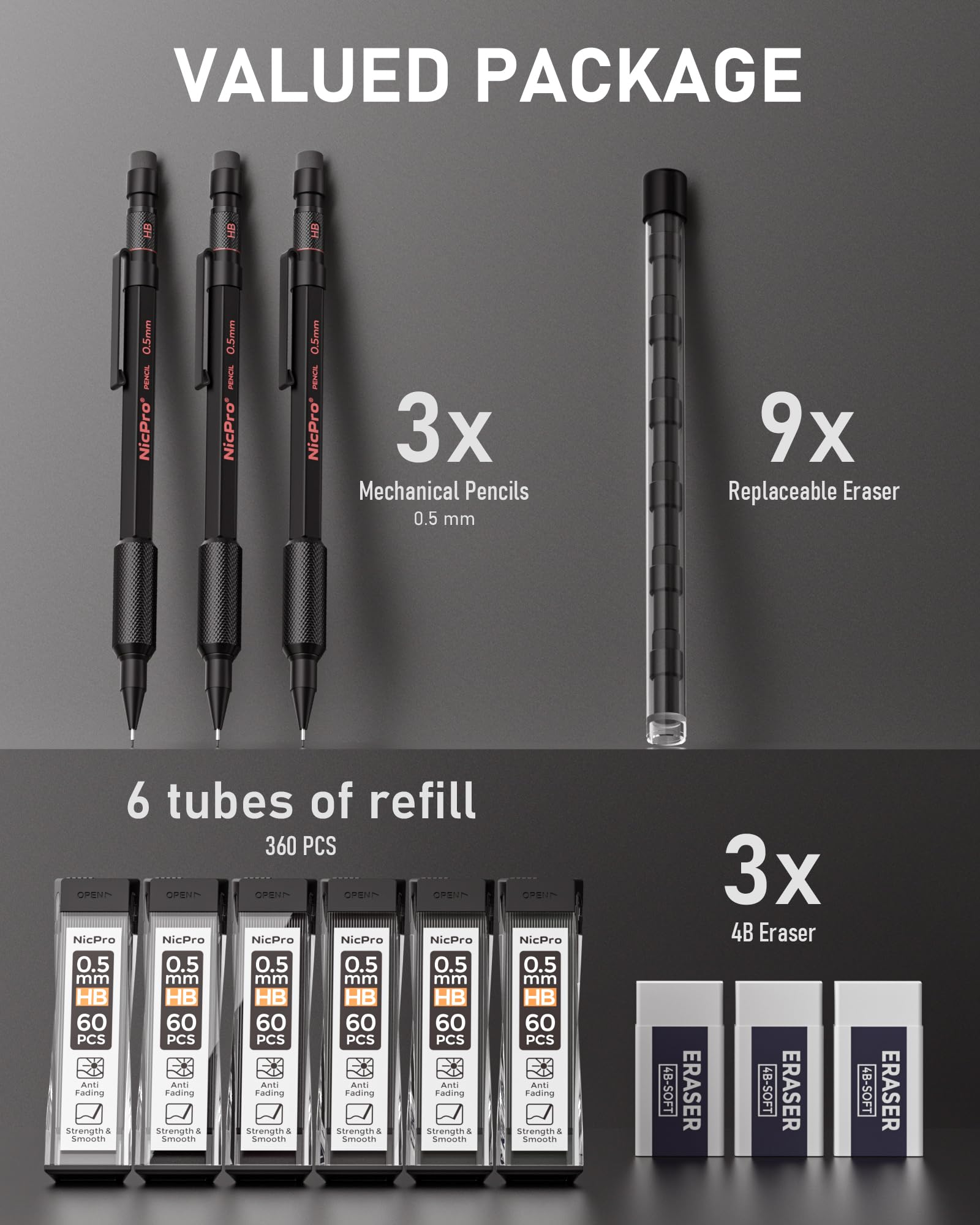 Nicpro 0.5 mm Mechanical Pencils Set with Case, 3PCS Professional Metal Artist Mechanical Pencil With 6 Tube HB Lead Refills, Eraser, Weatherproof Barrel for Outdoor Writing Drafting Drawing Sketching