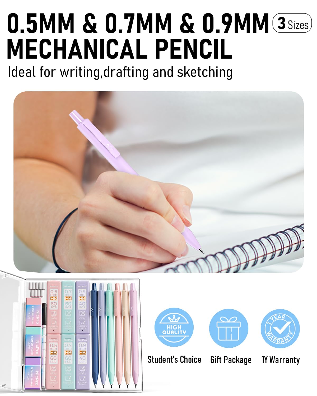 Nicpro 6PCS Pastel Mechanical Pencil Set, 0.5 & 0.7 & 0.9 mm with 6 Tubes HB Lead Refill, 3PCS Eraser and 9PCS Eraser Refill for Student Writing Drafting, Drawing, Sketching-with Cute Case