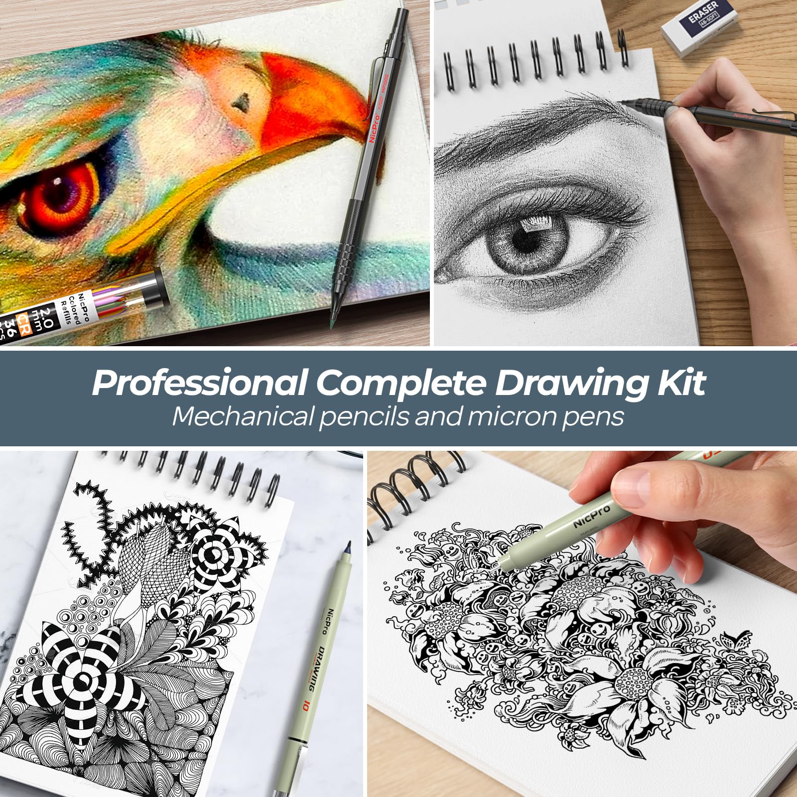 Nicpro 58PCS Art Drawing Supplies Kit in Leather Case, MP1000 Black Metal Mechanical Pencil Set with Drafting Pencil 0.5, 0.7, 0.9 & 2mm, 12 Micron Pen, Sketch Book, 30 Tube Lead Refills for Sketching