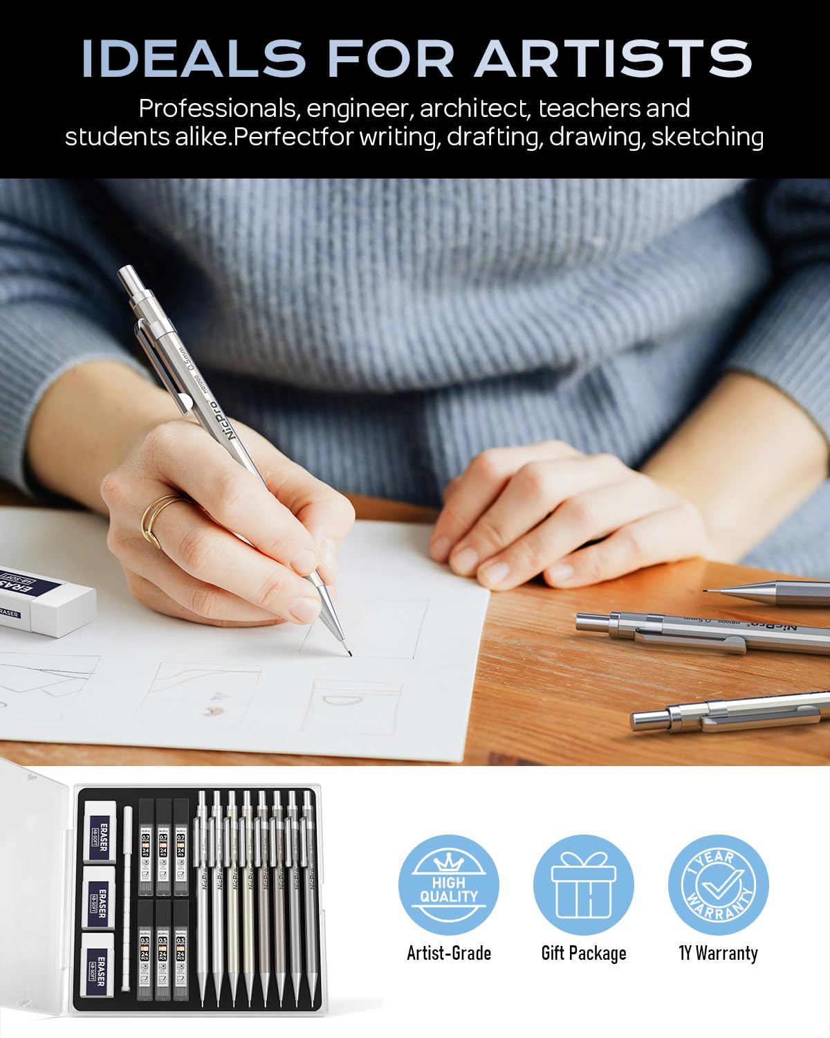 Nicpro 8 Pack 0.5mm & 0.7mm Metal Mechanical Pencil Set, MB1000 Lead Drafting Pencil for Artist Writing, Sketching, Drawing with 6 Tubes HB Lead Refills, 3PCS 4B Eraser, 9PCS Cap Eraser - With Case