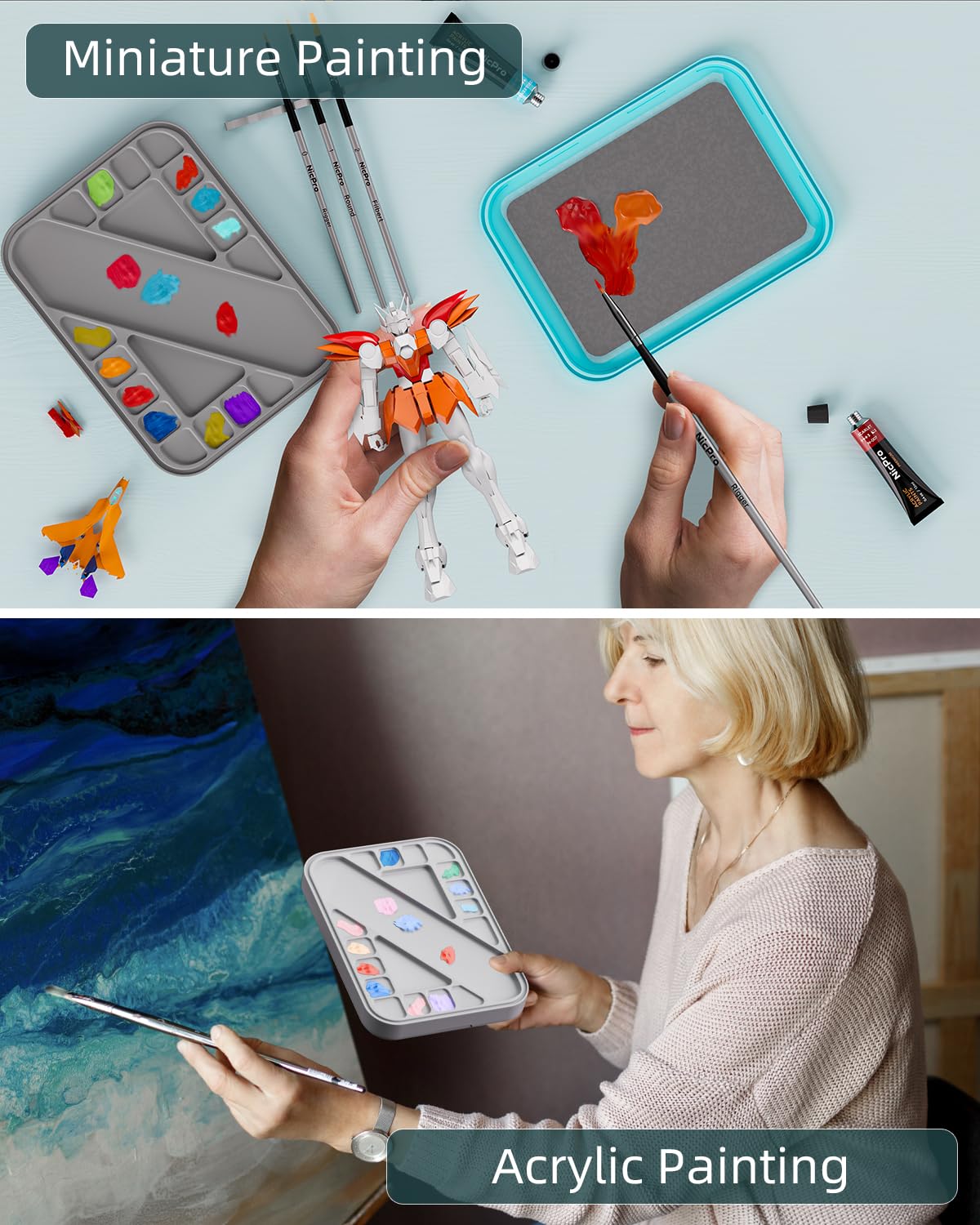 Nicpro Stay Wet Palette for Acrylic Miniature Painting Kit, Paint Tray Palettes with 100Pcs Pallet Paper, 4Pcs Sponge, Brush Holder Paint Mixing Storage