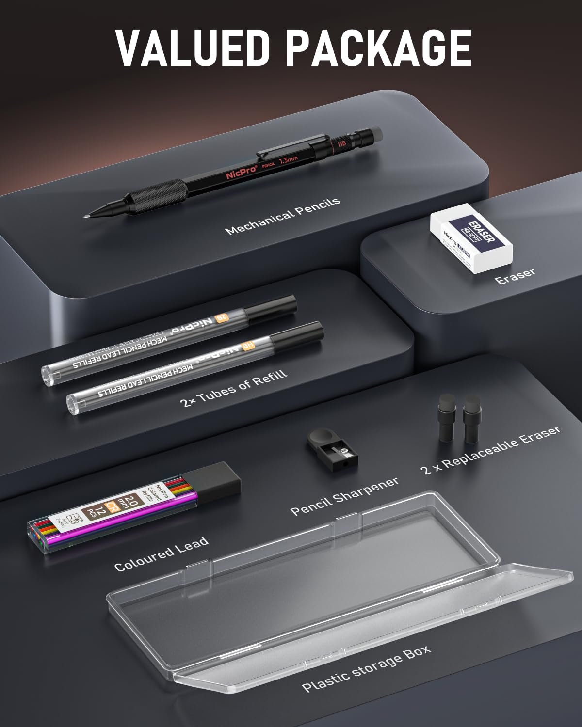 Nicpro 2.0mm Metal Mechanical Pencils, Carpenter Pencil Set with 12 Black Lead Refills, 12 Colored Lead Refills, Erasers, Come with Case