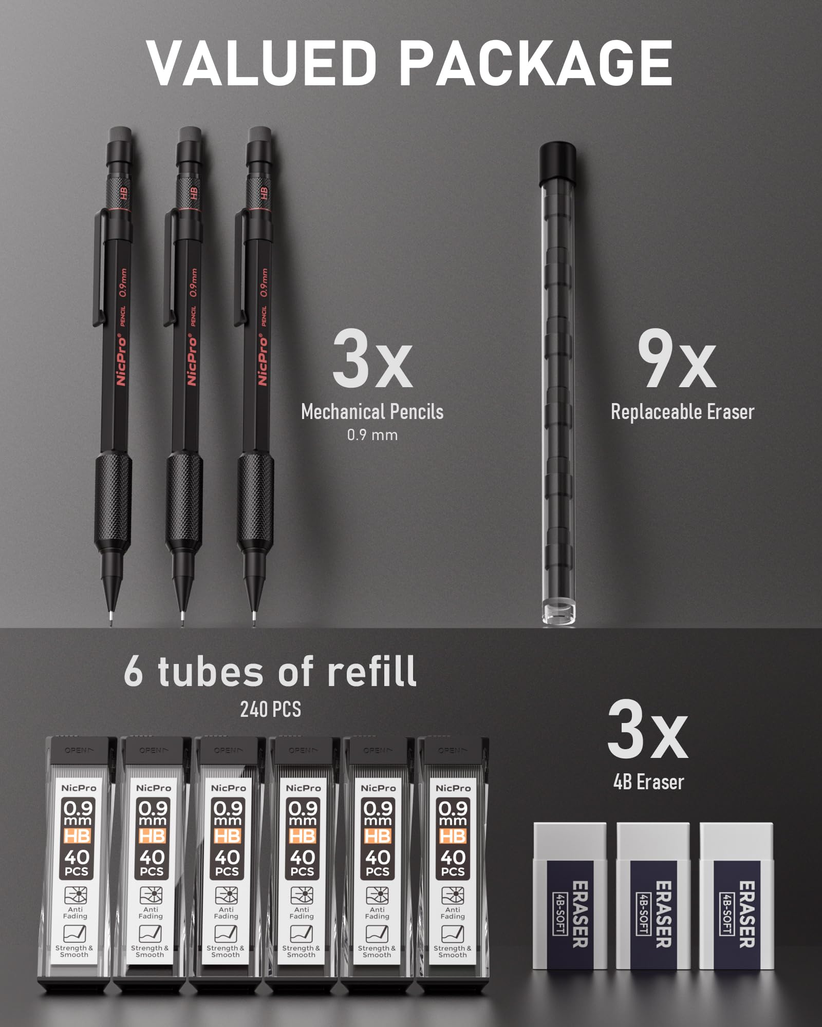 Nicpro 0.9 mm Mechanical Pencils Set with Case, 3PCS Professional Metal Artist Mechanical Pencil With 6 Tube HB Lead Refills, Eraser, Weatherproof Barrel for Outdoor Writing Drafting Drawing Sketching