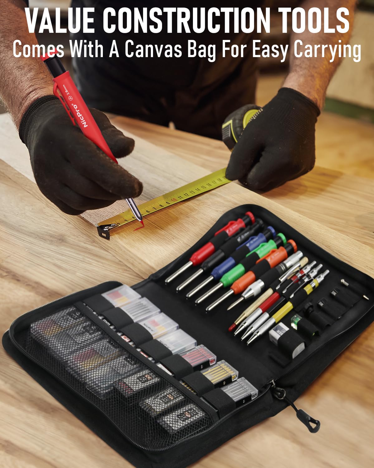 Nicpro 31 Pack Carpenter Pencil Set with Sharpener, Mechanical Carpenter Pencils with 128PCS Refills and Carbide Scribe Tool, Heavy Duty Construction Pencils for Architect Woodworking-With Canvas Case