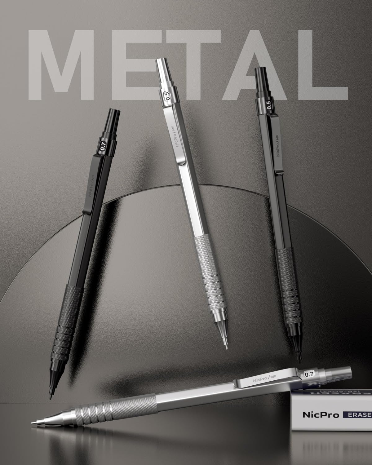 Nicpro 4 Pack Metal Mechanical Pencil Set 0.5 mm & 0.7mm with Case, Artist Pencil MP1000 with 8 Tubes HB & 2B Lead Refill, 3 Eraser, 9 Eraser Refill For Art Writing Drafting Drawing,Black & Silver