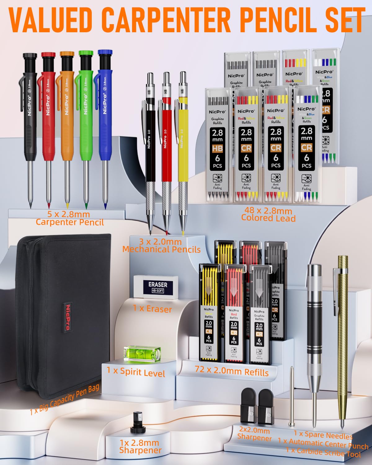 Nicpro 31 Pack Carpenter Pencil Set with Sharpener, Mechanical Carpenter Pencils with 128PCS Refills and Carbide Scribe Tool, Heavy Duty Construction Pencils for Architect Woodworking-With Canvas Case