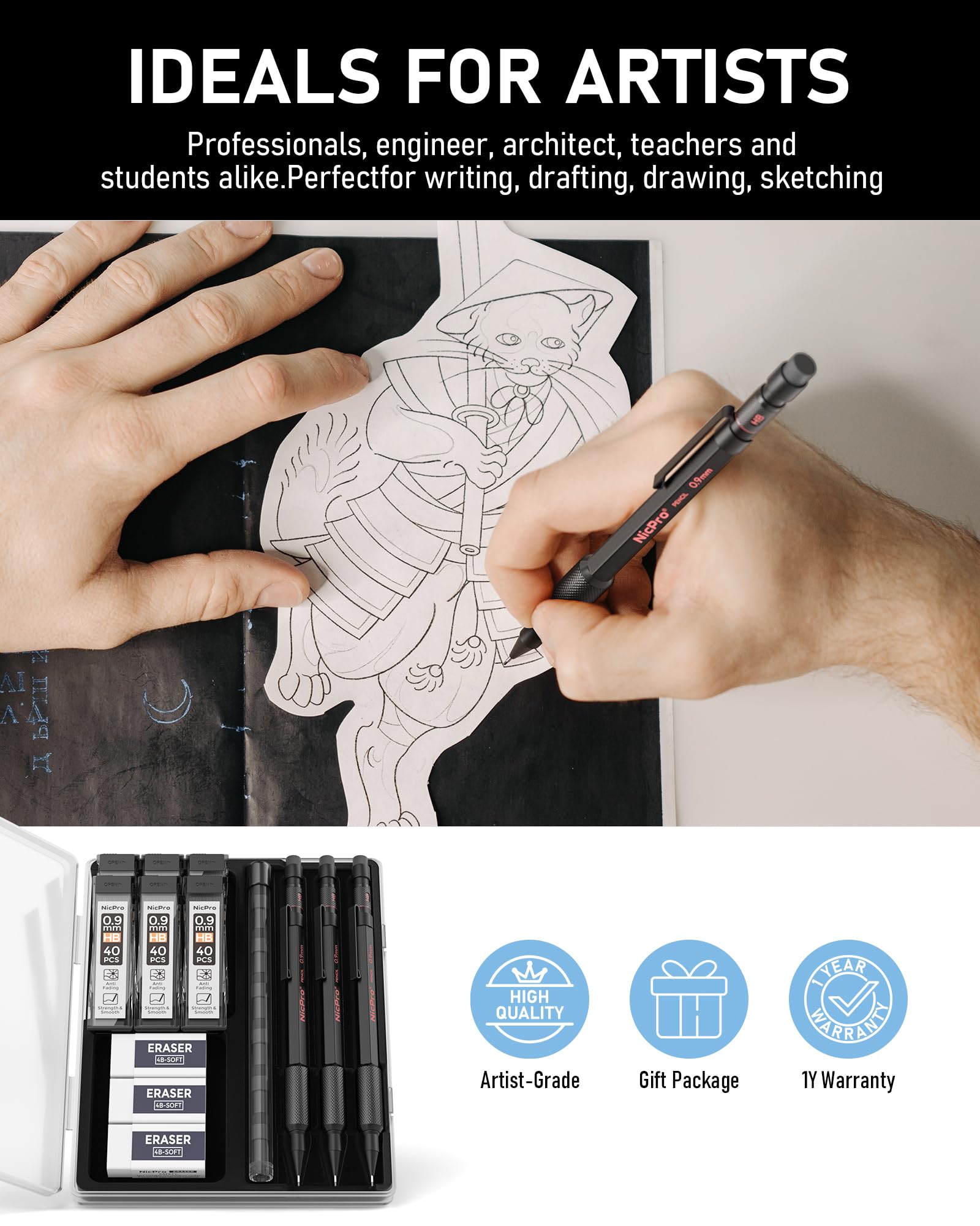 Nicpro 0.9 mm Mechanical Pencils Set with Case, 3PCS Professional Metal Artist Mechanical Pencil With 6 Tube HB Lead Refills, Eraser, Weatherproof Barrel for Outdoor Writing Drafting Drawing Sketching