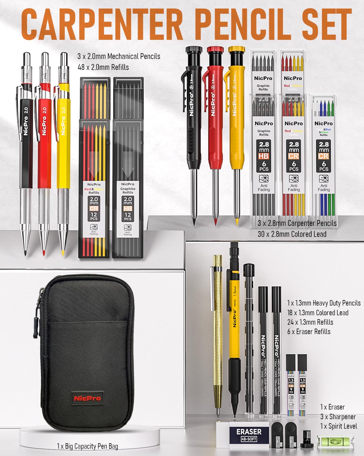 Nicpro 28 Pack Carpenter Pencil Set with Sharpener, Mechanical Carpenter Pencils with 127PCS Refills and Carbide Scribe Tool, Heavy Duty Construction Pencils for Architect Woodworking-With Canvas Case