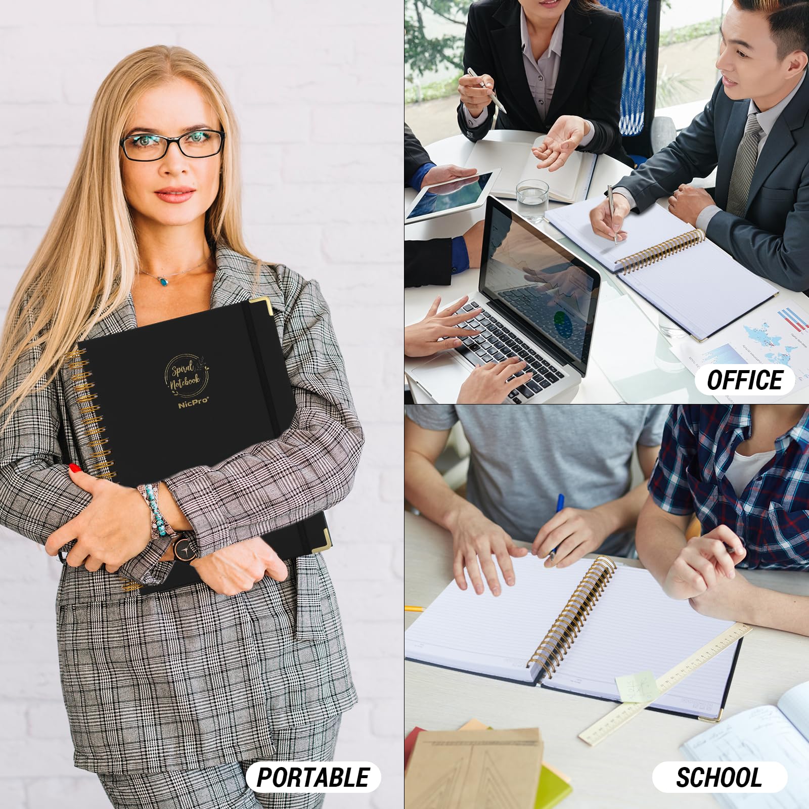 Nicpro Spiral Notebook 300 Page,8.5"x 11", Black Leather Hardcover Note Book Journal A4 Book College Ruled with 60pcs Index Tabs for Work School Notes, Journals Writing,100gsm Thick Paper