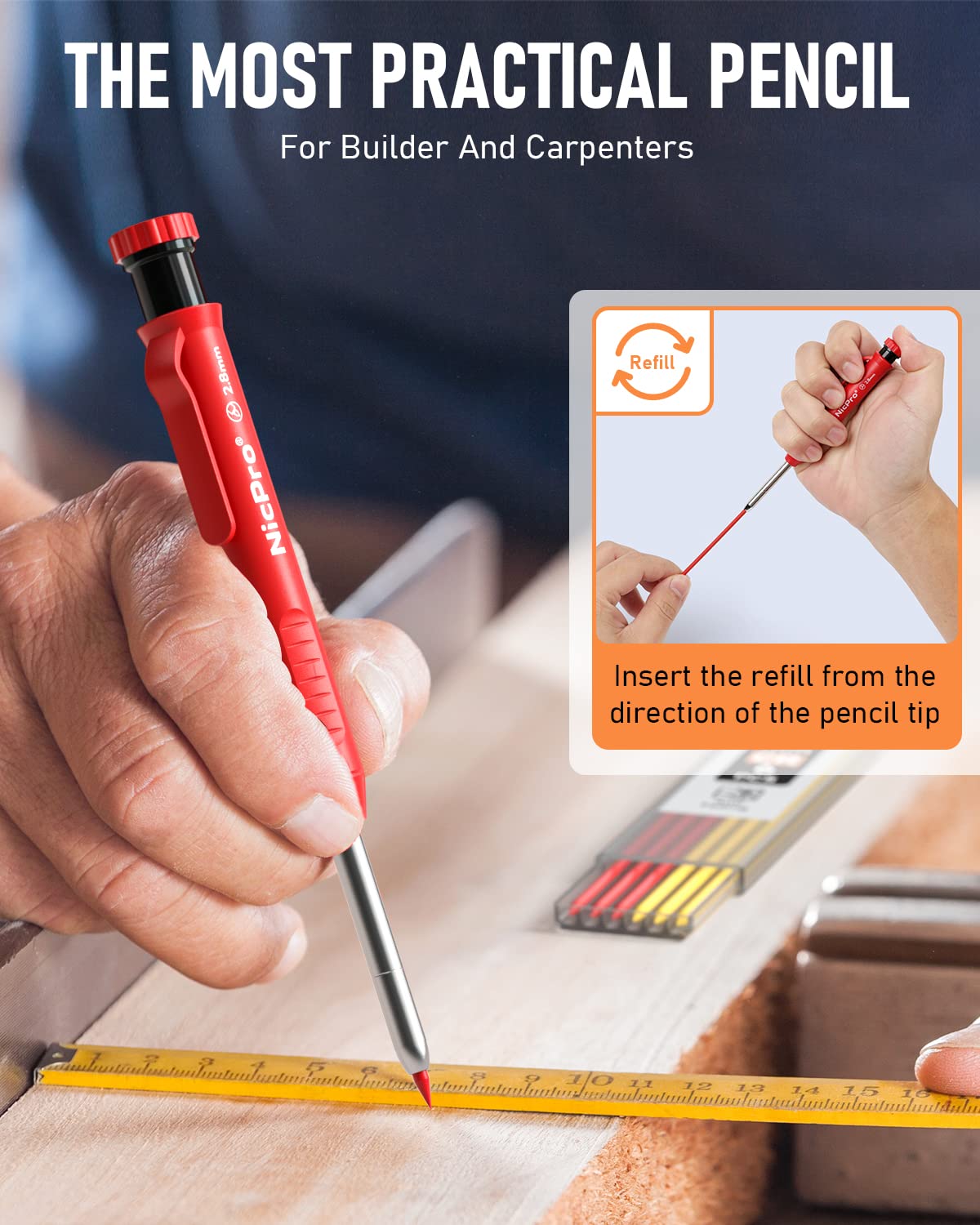 Nicpro 4 Pack Carpenter Pencil with Sharpener & Cap, Mechanical Carpenter Pencils Set with 52 Refill, Deep Hole Marker Woodworking Pencils, Heavy Duty Construction Pencils for Architect-With Case