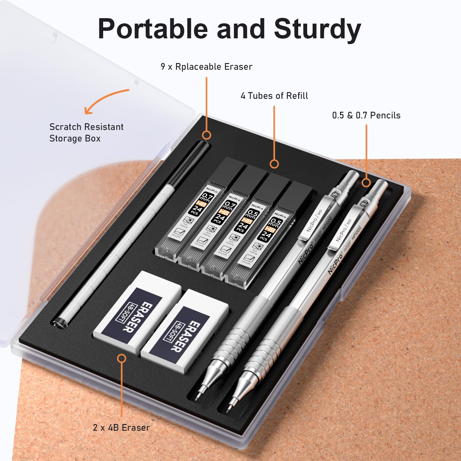 Nicpro 2 PCS Mechanical Pencil 0.5mm & 0.7 mm with Case, MP1000 Metal Artist Pencil Set with 4 Tubes HB Lead Refills, 2 Erasers, 9 Eraser Refills For Art Writing Drafting, Drawing, Sketch, Silver