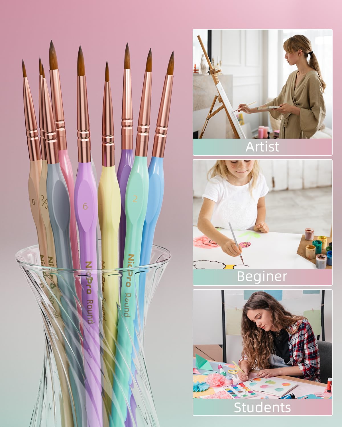 Nicpro 10PCS Micro Fine Detail Paint Brush Set, Macaron Pastel Small Miniature Fine Tip Detail Brushes Kit for Acrylic Oil Watercolor, Craft, Models, Rock Painting, Paint by Number