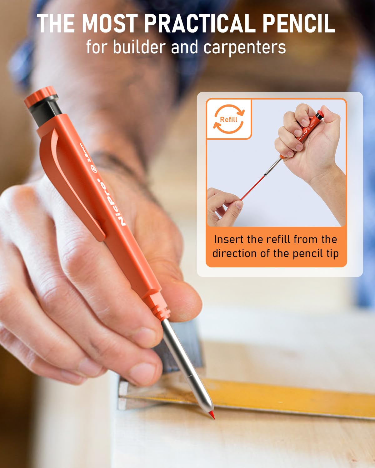 Nicpro Carpenter's Pencil Set, 1 Solid Carpenter's Pencils with 12 Versatile Leads, Mechanical Pencil Marker, Deep Hole Marker Pencil with Built-in Sharpener for Woodworking, Construction Site with