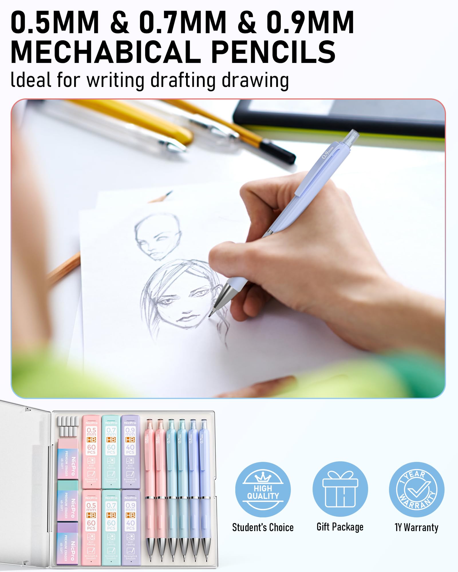 Nicpro 6PCS Pastel Mechanical Pencil Set, Cute Mechanical Pencils 0.5 mm & 0.7 mm & 0.9 mm with 360PCS HB Lead Refills, Eraser, Eraser Refill for Student Writing Drawing Sketching Drafting with Case