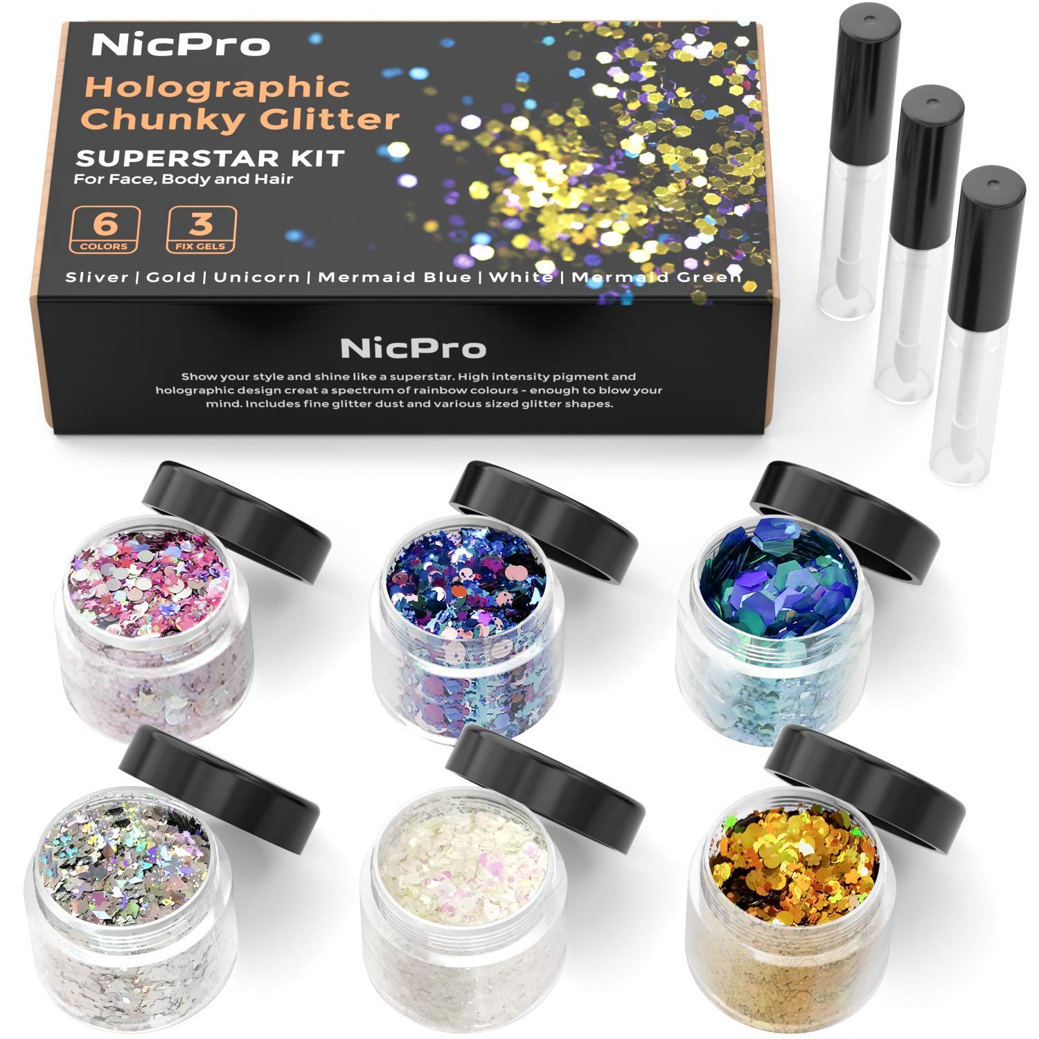Nicpro Holographic Chunky Glitter Set 6 Colors with 3pcs Fix Gel Festival Glitter Cosmetic Face Body Hair Nails Blue Pink Silver Gold White Glitter