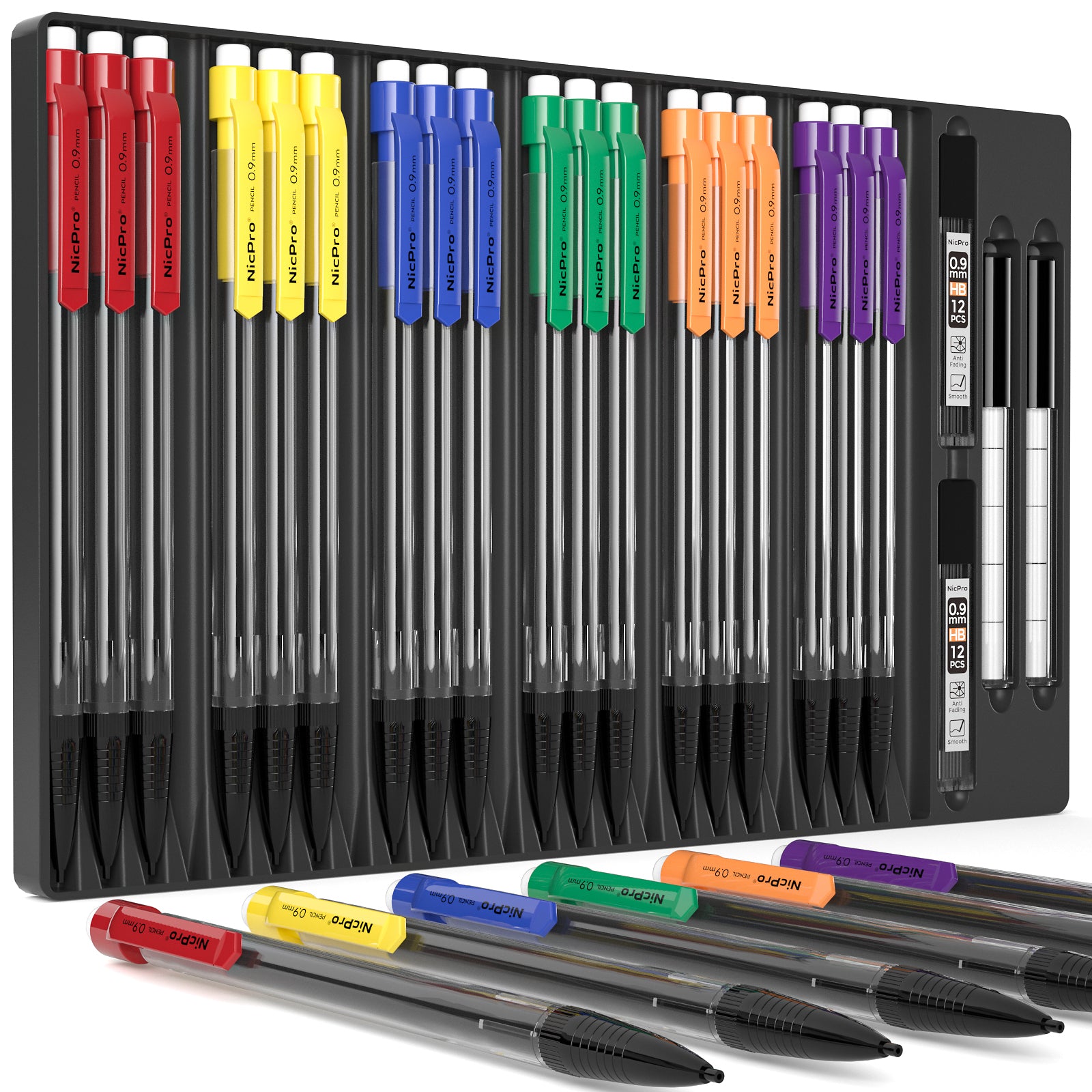 Nicpro 24 Pack 0.9 mm Mechanical Pencils Set, Lead Pencil Bulk Cute Mechanical Pencil with 2 tubes HB #2 Lead Refills & Eraser Refills for Kids Girls Art Writing, Drawing, Drafting, Sketching, School