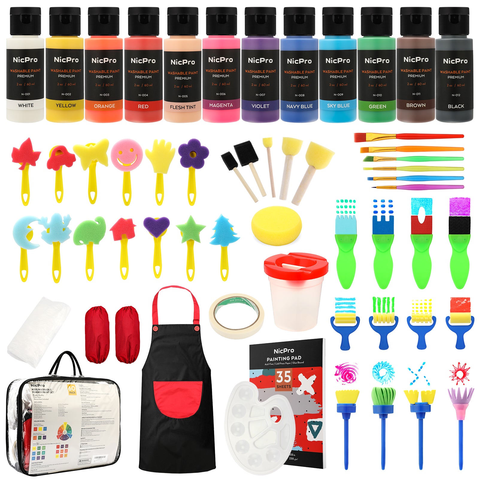 Nicpro 60 Pack Creations Washable Paint Set for Kids, 12 Colors Art Tempera Paint, Sponge Brushes and Stamps, Smock,Palette,Paper Pad Toddler Finger Painting Supplies Kit
