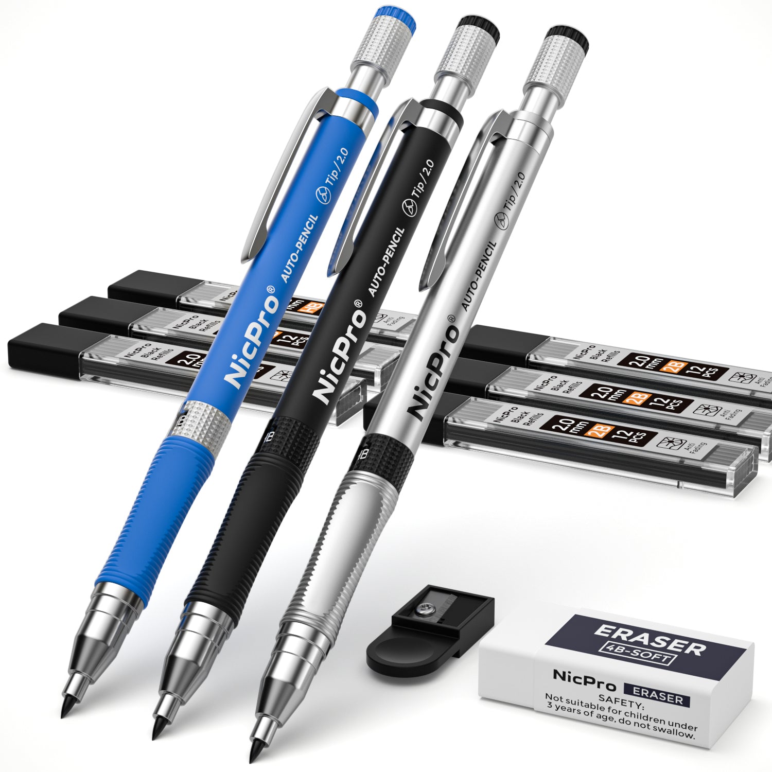 Nicpro 2.0 mm Mechanical Pencil Set, Artist Metal Lead Holder with 5 T