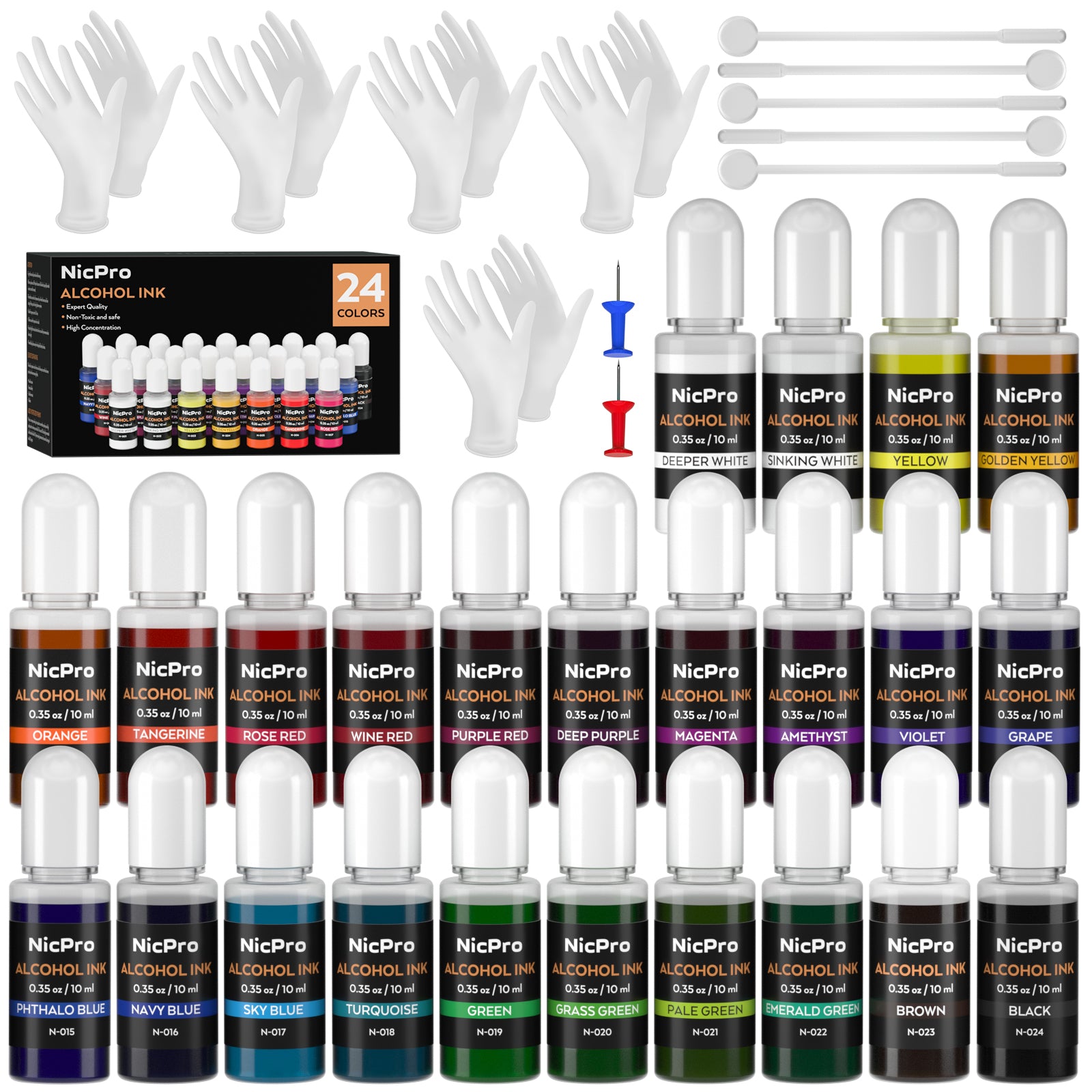 Nicpro Resin Alcohol Ink Set 24 Colors, Concentrated Dye Liquid Alcohol-Based Pigment for Epoxy Resin Paint Craft DIY, Painting, Tumbler, Molds & Jewelry Making