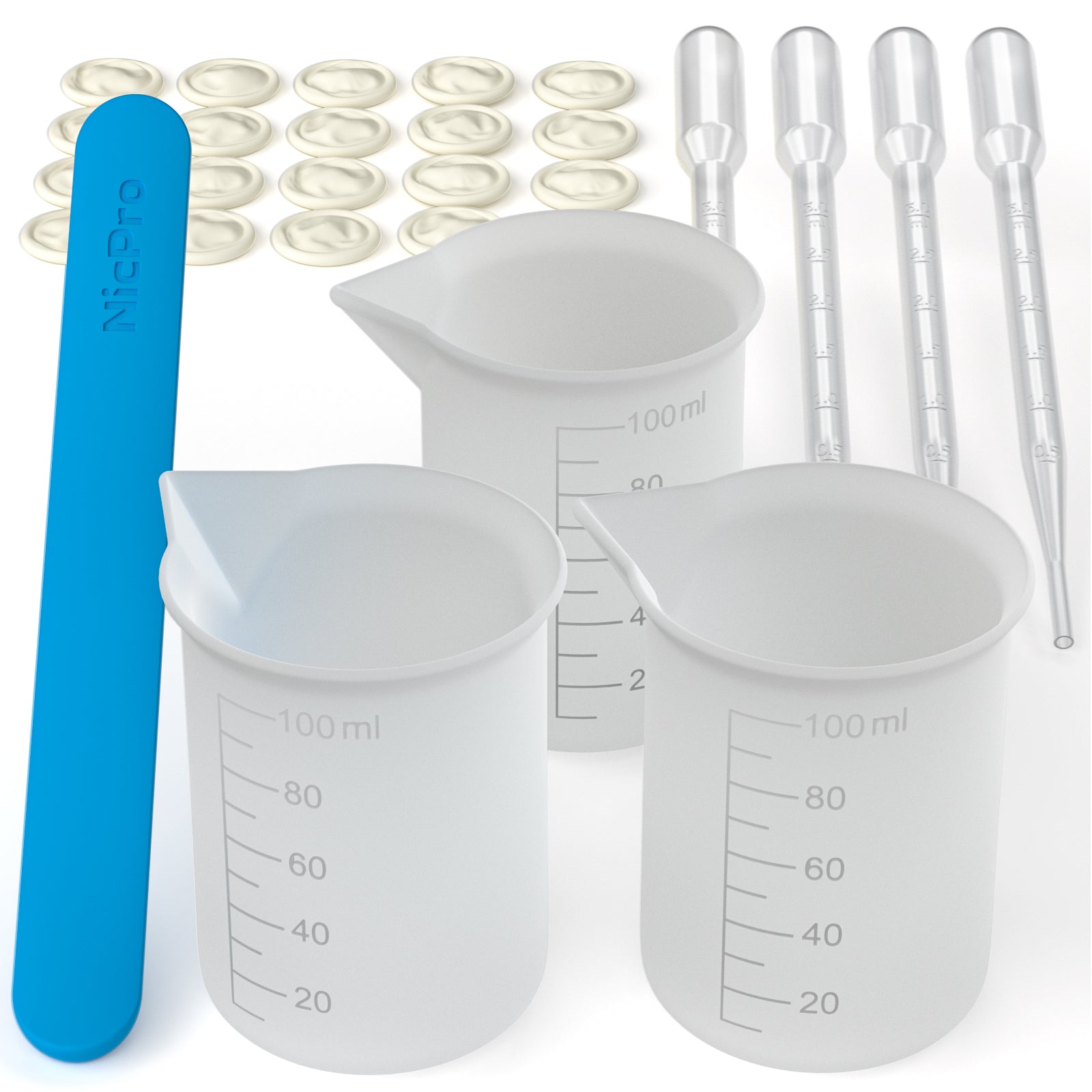 Nicpro 100 ml Silicone Measuring Cups Kit with Silicone Popsicle Stir Stick, Pipettes, Finger Cots for Epoxy Resin Mixing, Molds, Glue,Jewelry Making, Waxing, Easy Clean
