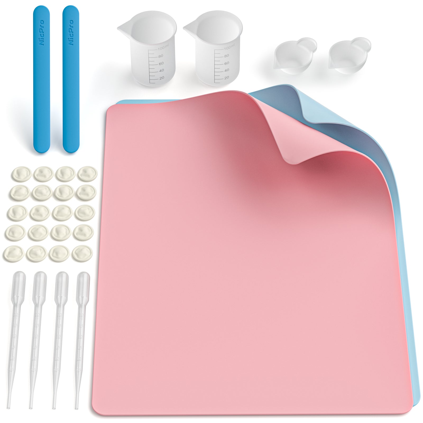 Large Silicone Resin Mat Kit, Including 2PCS 15.7” x 11.7” Crafting Mat Set, 100 ml Silicone Measuring Cups, Silicone Popsicle Sticks, Pipettes for Epoxy Resin Mixing, Molds, Jewelry Making, Craft DIY