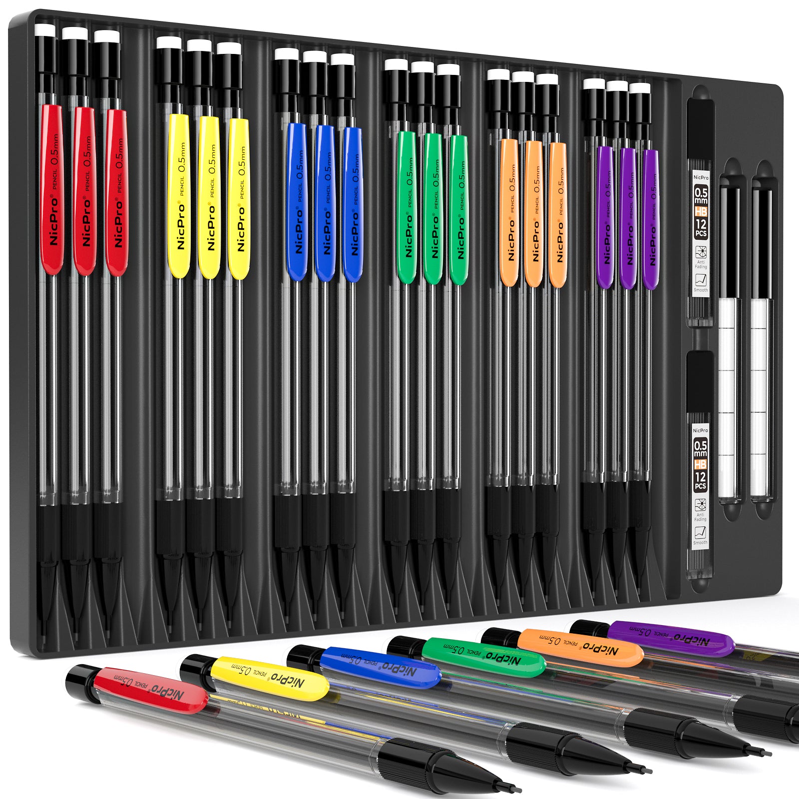 Nicpro 24 Pack 0.5 mm Mechanical Pencils Set, Lead Pencil Bulk Cute Mechanical Pencil with 2 tubes HB #2 Lead Refills & Eraser Refills for Kids Girls Art Writing, Drawing, Drafting, Sketching, School