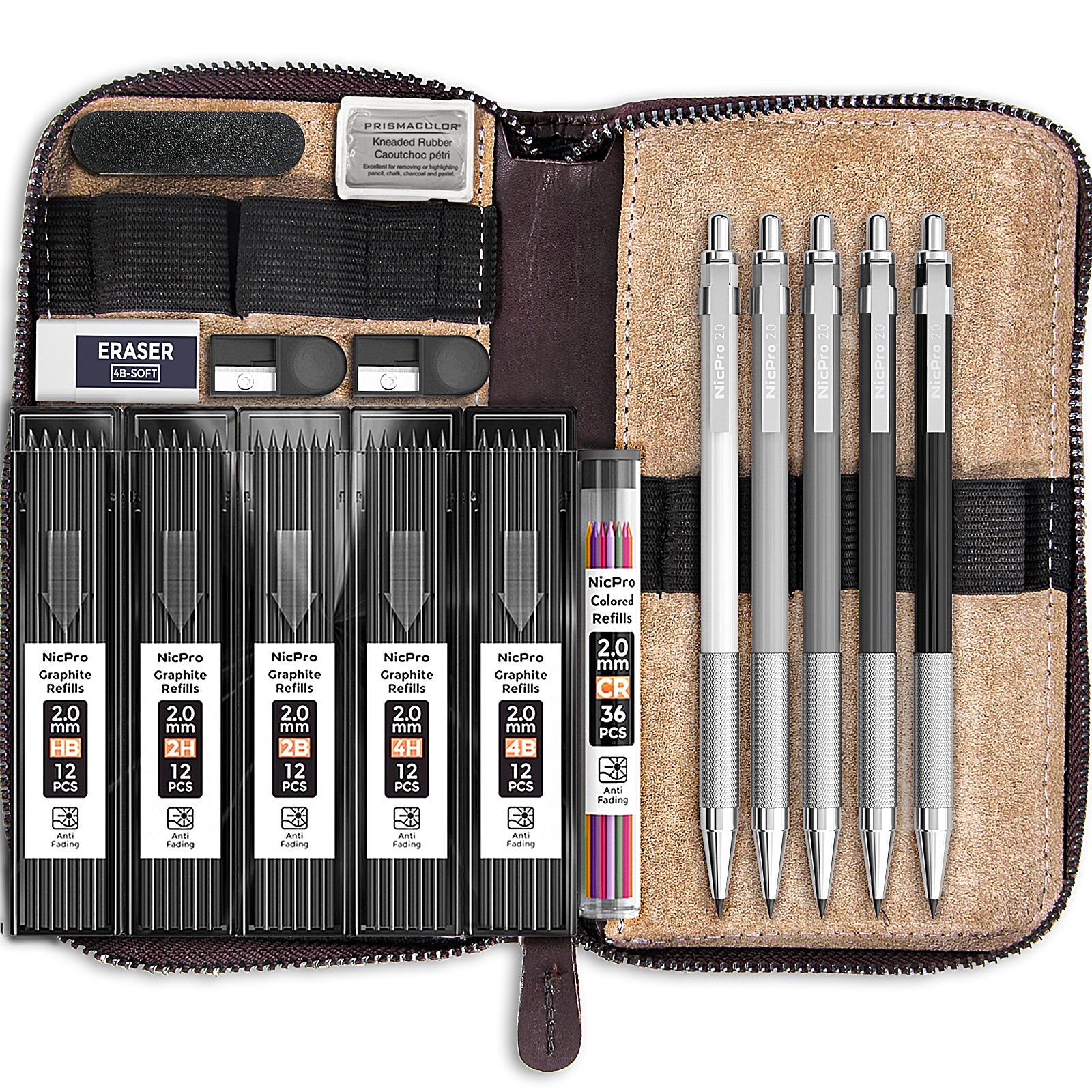 Nicpro 5 PCS Metal Mechanical Pencil Set in Leather Case, 0.3 & 0.5 & 0.7 & 0.9 mm & 2mm Lead Pencil Holders, (4B 2B HB 2H) Lead Refills (Black & Colors), Erasers, For Art Drafting Sketching Drawing