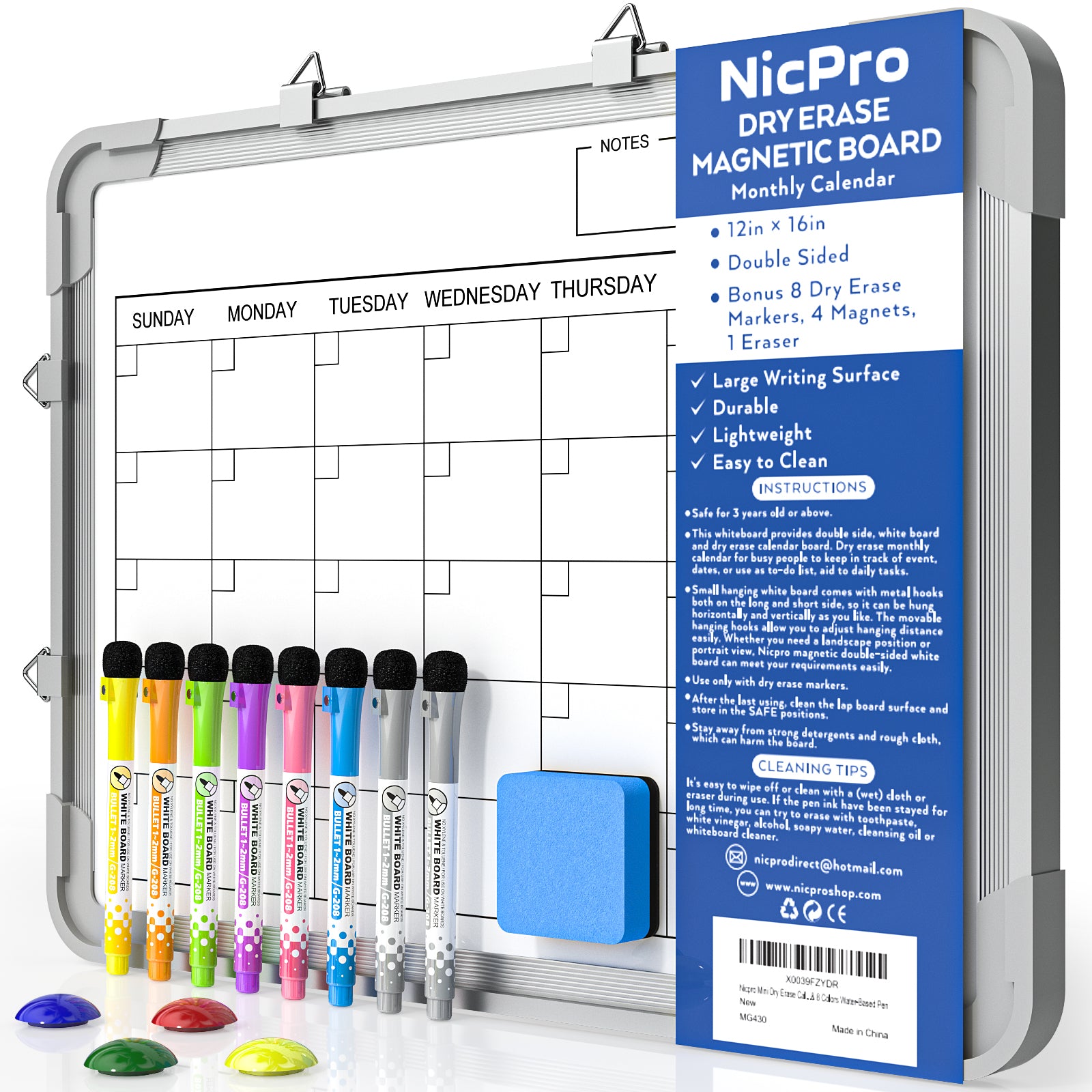 Nicpro Monthly Calendar Dry Erase Whiteboard for Wall, 12 x 16 inch Ma