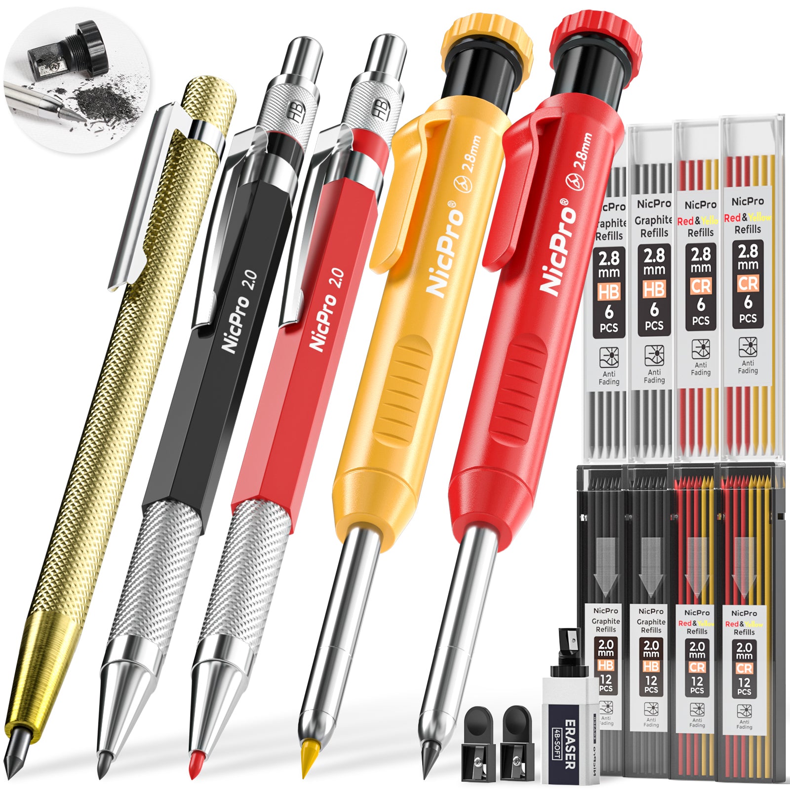 Hiboom Carpenter Pencil Set, 6 Pieces Long Nosed Deep Hole Tip Mechanical  Hole Marker with Built in Sharpener and 36 Pcs 2.8 mm Refills for  Woodworking Drafting Architect Construction 